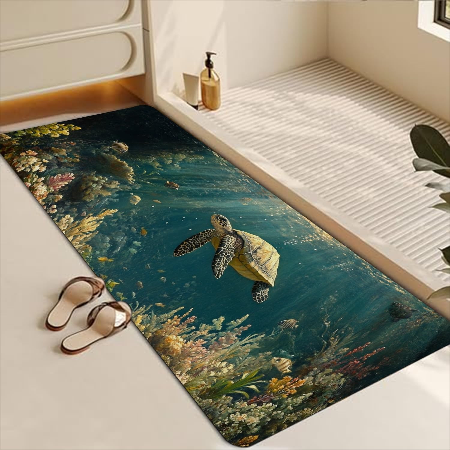 Bathroom Runner Mat Rugs Long,A Cute Swimming Sea Turtle Art Diatomite Stone Bath Mat Large Absorbent Diatomaceous Earth Mat Non Slip Fast Dry Shower Mat Bathroom Rugs Floor Mat 16x42in