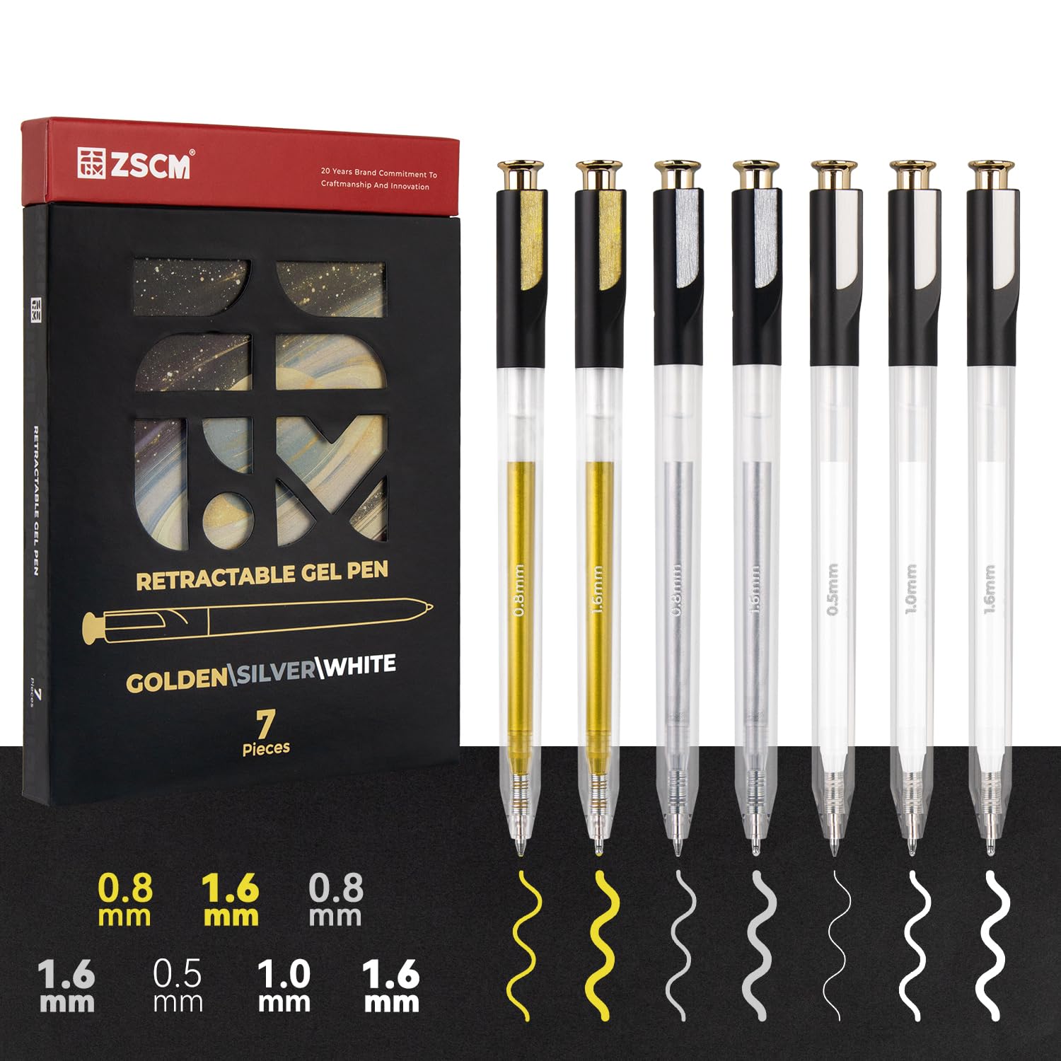 Retractable White Gold Silver Gel Pen 7 Nib Sizes - Precision Large Capacity Opaque Archival Gel Ink Pens