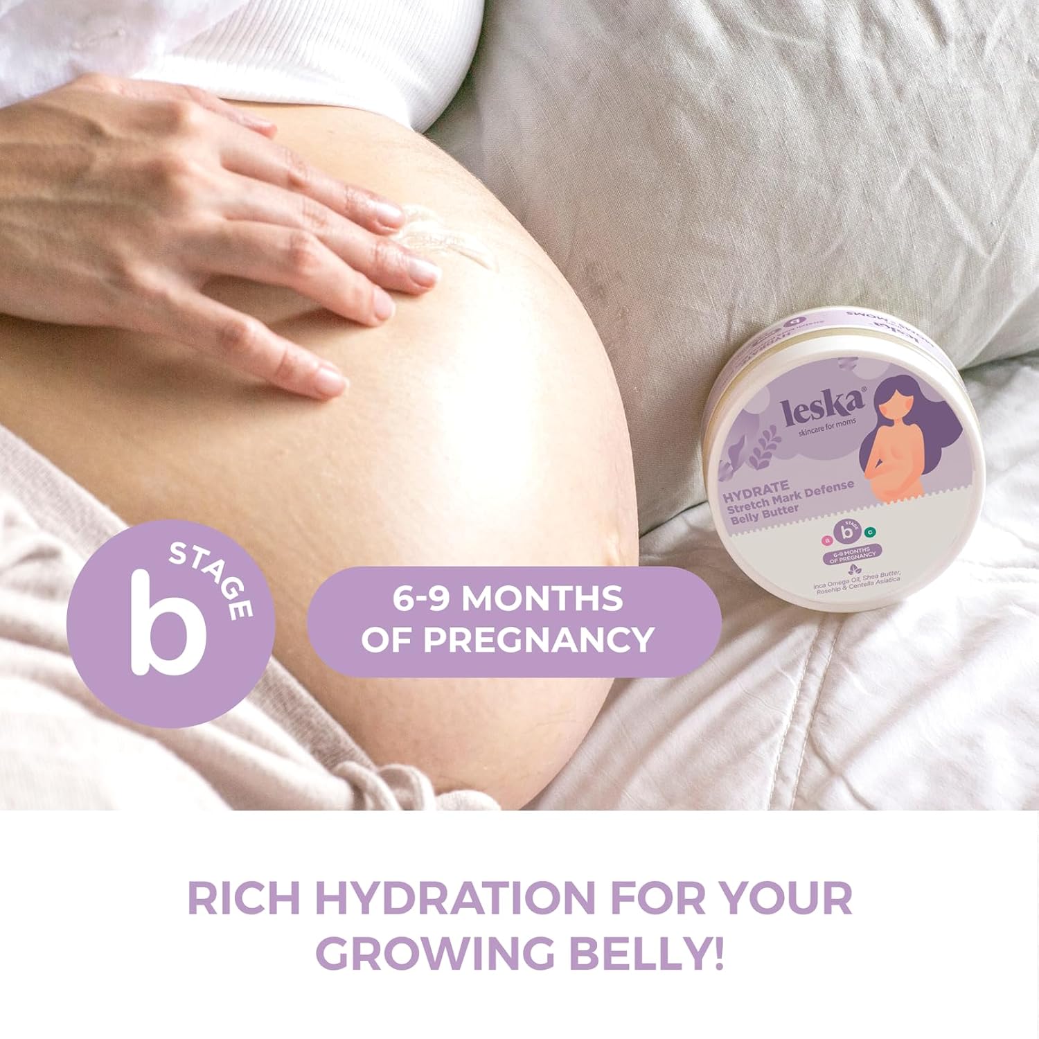 Leska Maternity Stretch Mark Belly Butter | STAGE B: HYDRATE Stretch Mark Defense Belly Butter (Pregnancy Months 6-9) | Part of a Complete 3 Part Pregnancy Skin Care System | New Mom Gifts (4.93oz) - Image 2