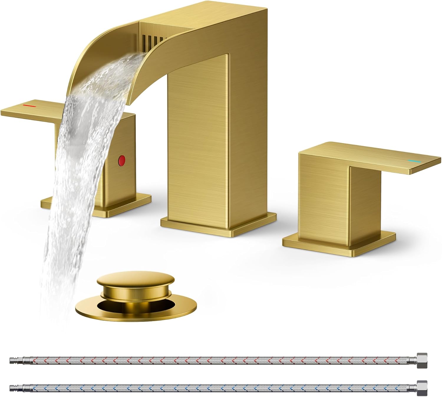 FORIOUS Square Brushed Gold Bathroom Faucets 3 Hole, Waterfall 8 Inch ...