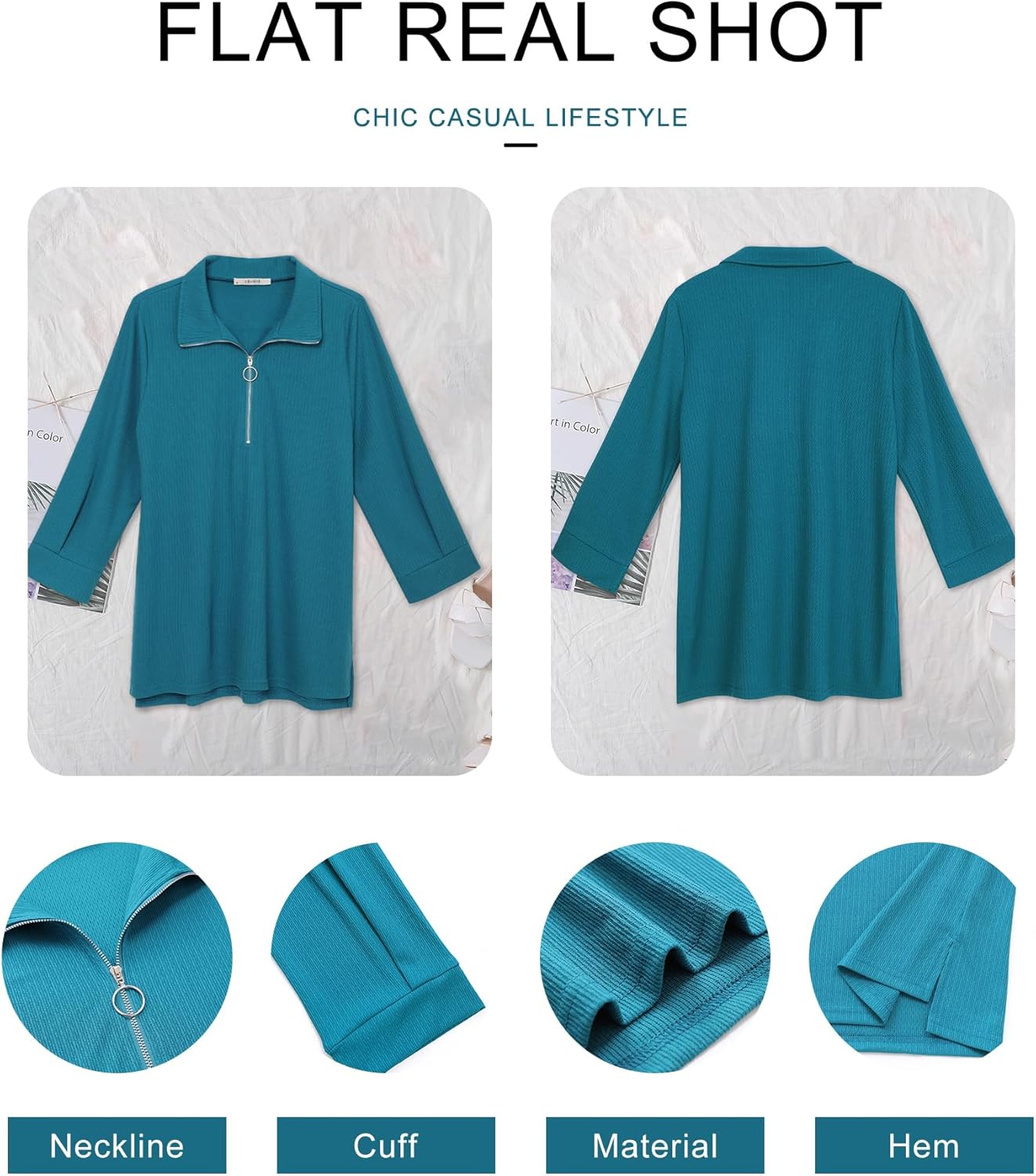 Vivilli Womens Tops Dressy Casual Summer Fall Outfts 3/4 Length Sleeve V Neck Shirts Work Blouses Zipper Collar Polo Shirts - Image 5