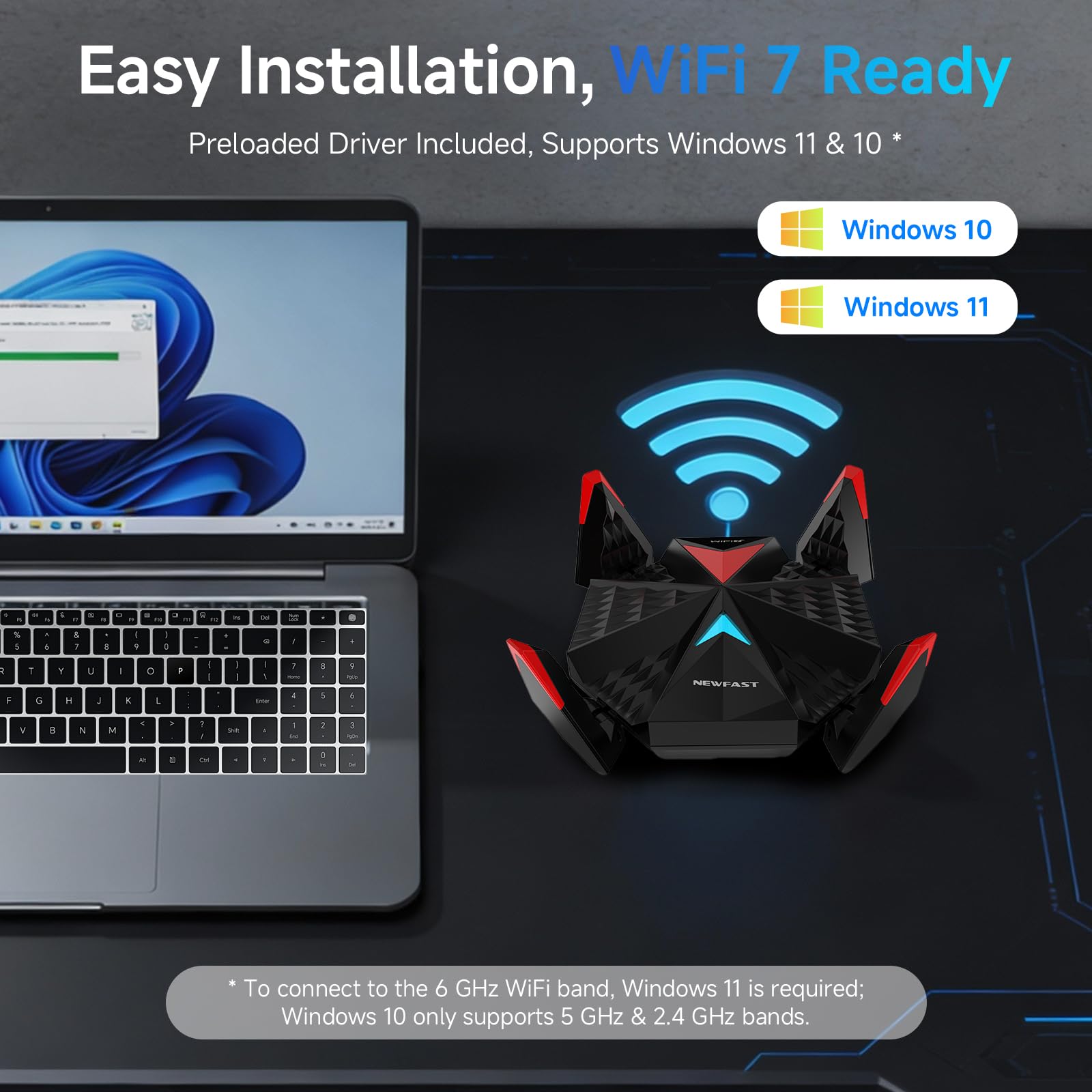 NEWFAST 6500Mbps USB WiFi 7 Adapter,2026 Neuester WLAN Stick | Tri-Band (6G/5G/2.4G)WLAN 7 Stick,4x 6dBi High-Gain Antennen,Beamforming,Ideal für 8K-Streaming,Only for Windows 11/10