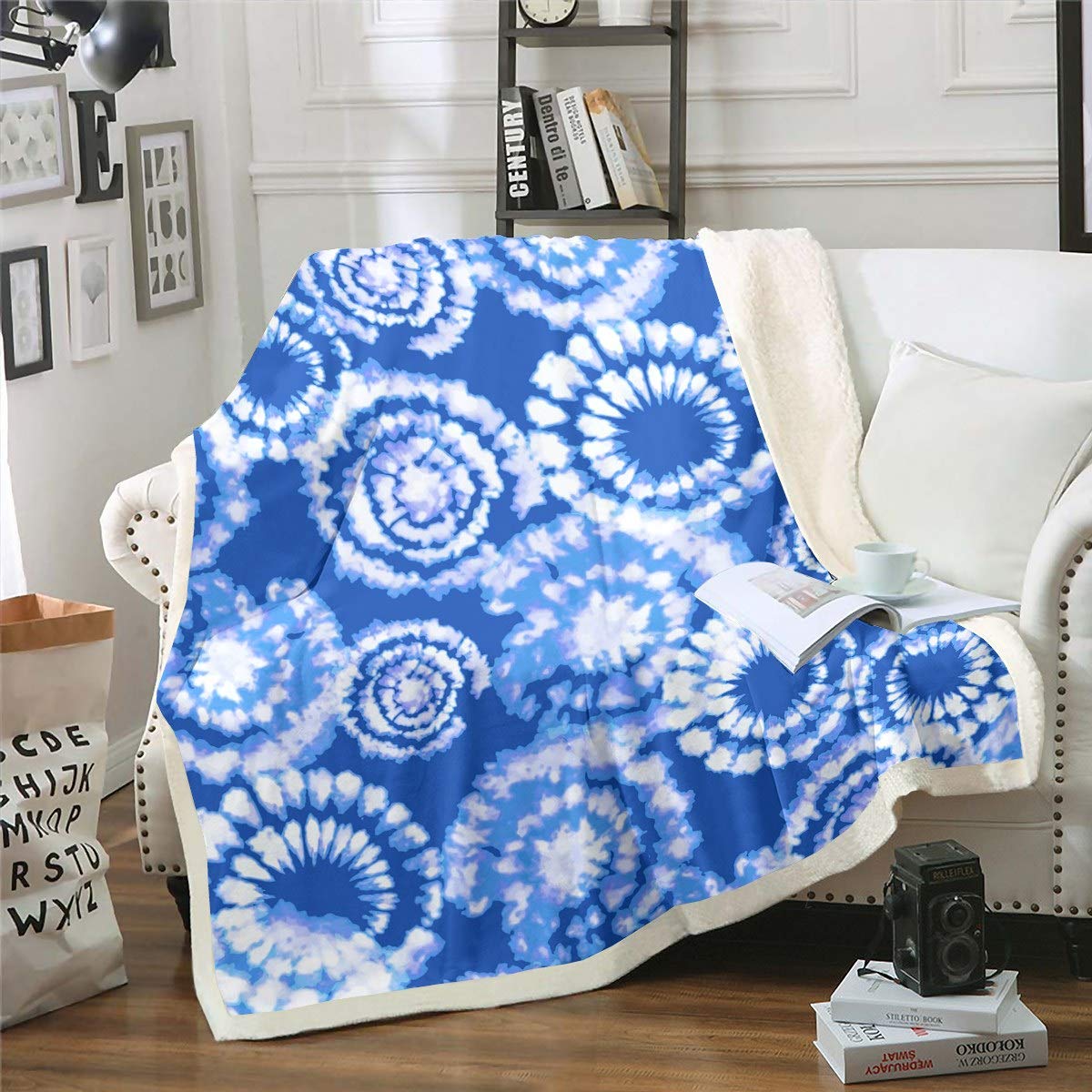 Loussiesd Multi 8 Boho Tie Dye Blue Psychedelic Fleece Throw Blanket For Sofa Couch Bohemian Gypsy Sherpa Blanket Ultra Soft Chic Hippie Theme Decor Warm King 87"*94"