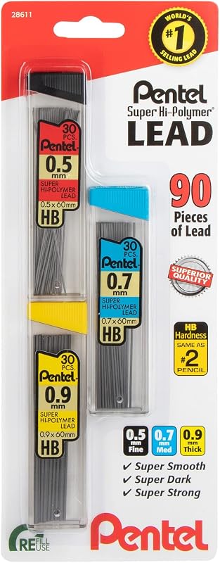 Recambios de mina para portaminas Pentel Super Hi-Polymer | 0,5 mm, 0,7 mm, 0,9 mm: 90 recambios de plomo (30 de cada tamaño)