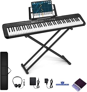 Piano de teclado de 88 teclas, piano digital electrónico semipesado con soporte de música, fuente de alimentación, pedal de sostenimiento, soporte, Bluetooth, funda de transporte, auriculares