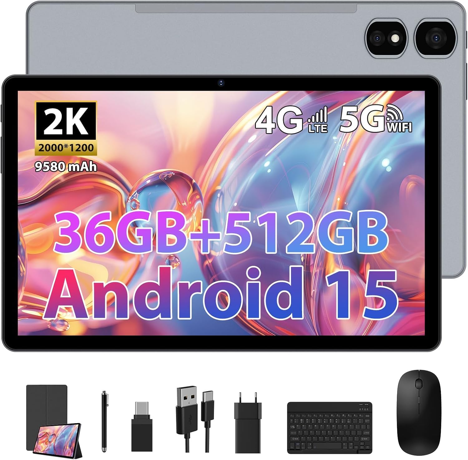 Android 15 Tablet 11 Pollici, 2K Tablet con Tastiera e Mouse, 36GB RAM + 512GB ROM + TF 2TB, 4G LTE SIM + 5G WiFi, Octa-Core/2000 x 1200 IPS/8MP+13MP/9580mAh/BT5.0/Widevine L1/GPS, Grigio