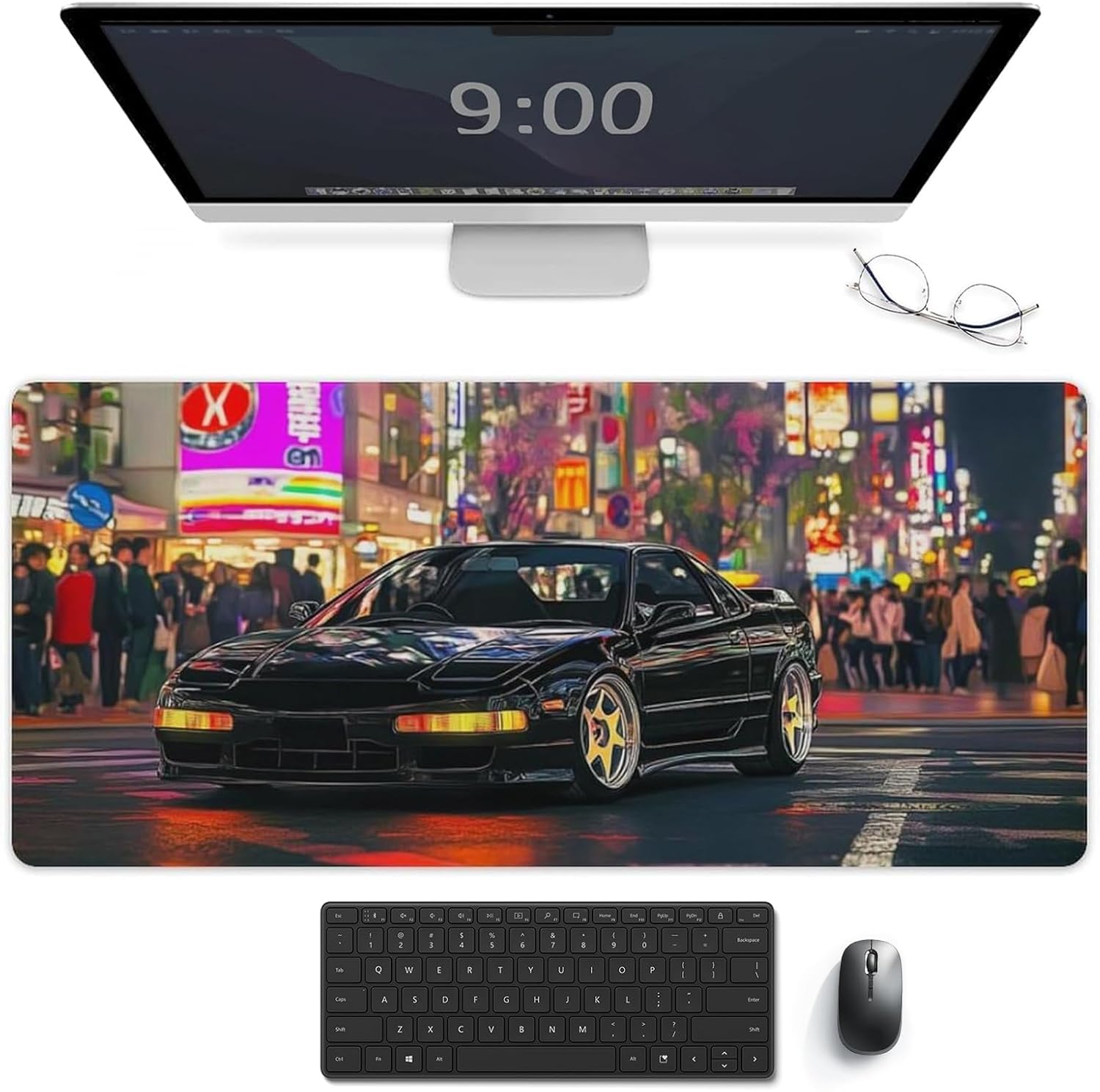 JDM Car Sports Car Tokyo Night Neon Mouse Pad Desk Pad Desk Mat for Keyboard Computer Pad Office Supplies for Desk 40x90cm