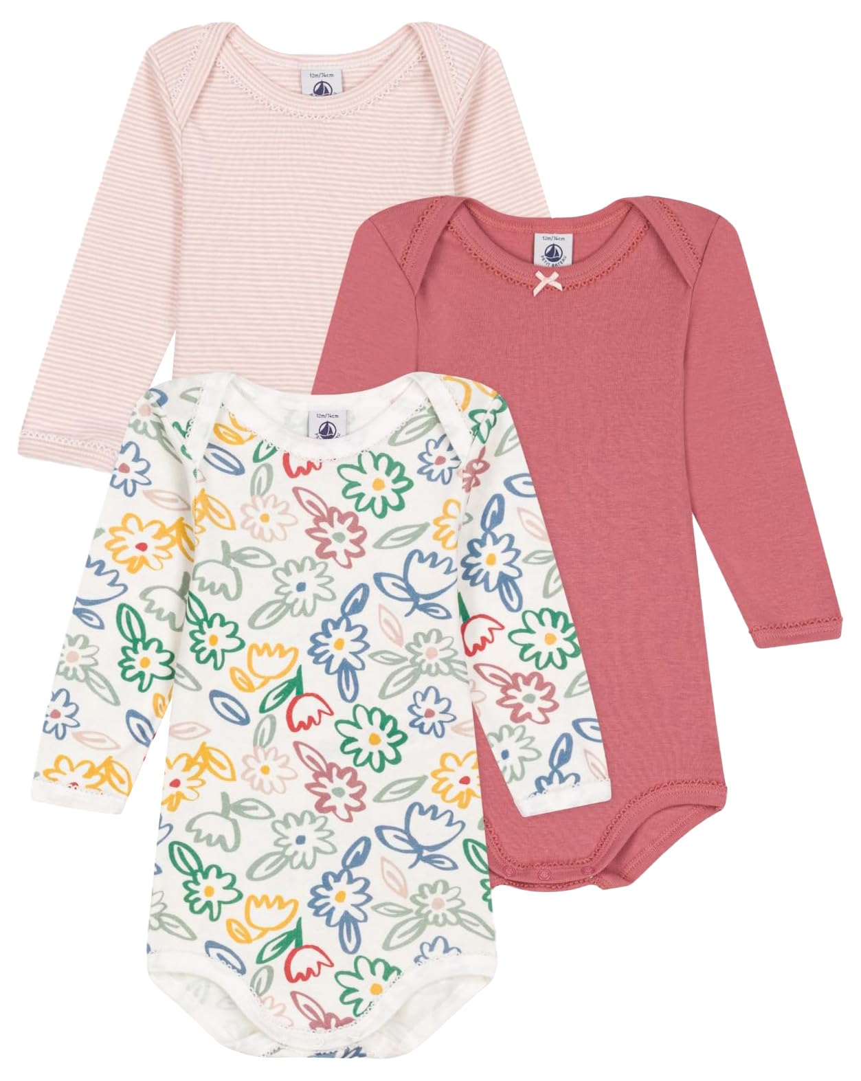 Petit Bateau Babies' long-sleeved floral cotton bodysuits - 3-pack SIZES 3-36 MONTHS