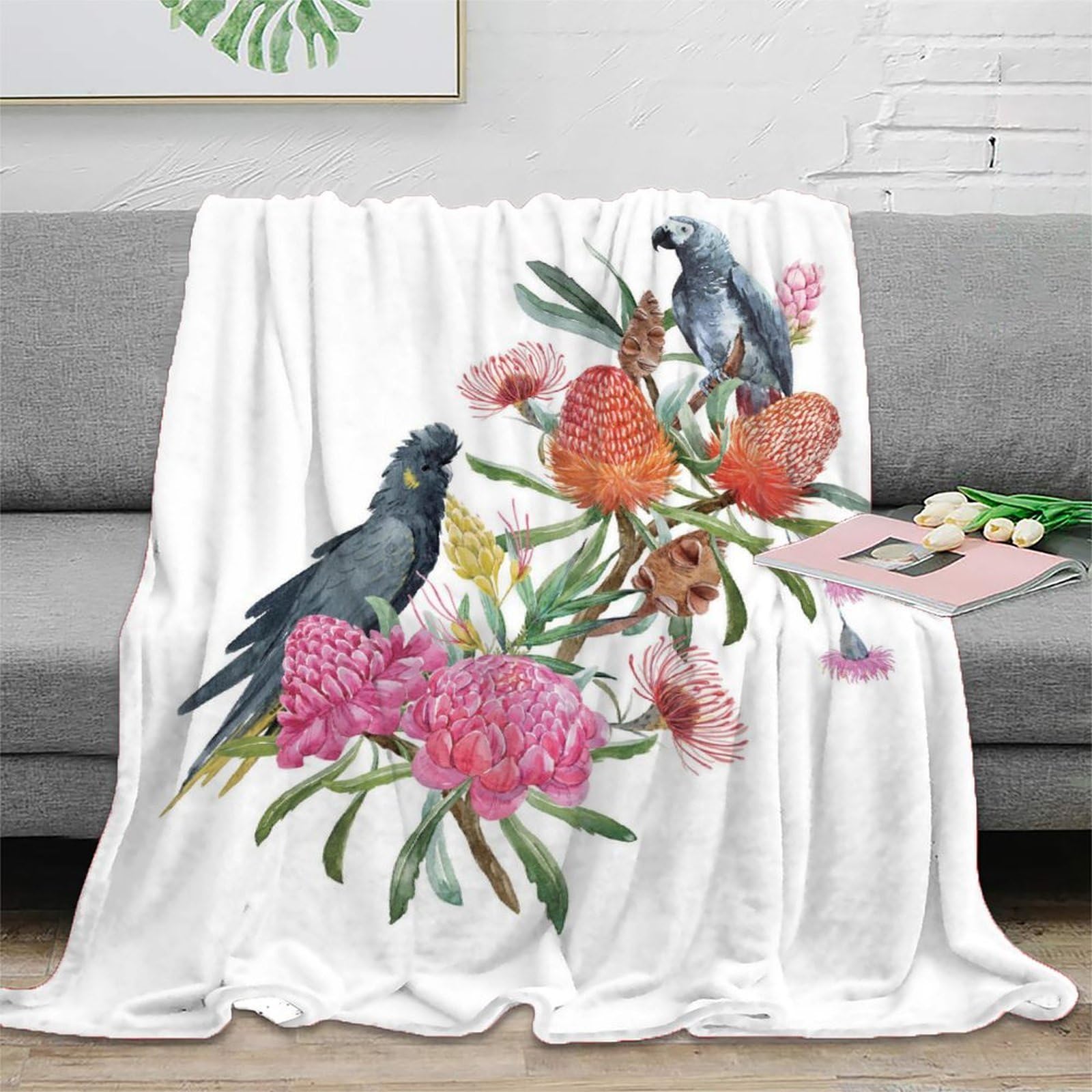 Plaid microfibre anti-bouloche imprimé 3D oiseaux et fleurs aquarelle 150x200