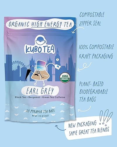 Miniatura 6 de Té de alta cafeína (155 mg) - Kubo Tea Bolsitas de té Earl Grey negro orgánico para energía limpia y enfoque  Sustituto saludable del café  Mezcla