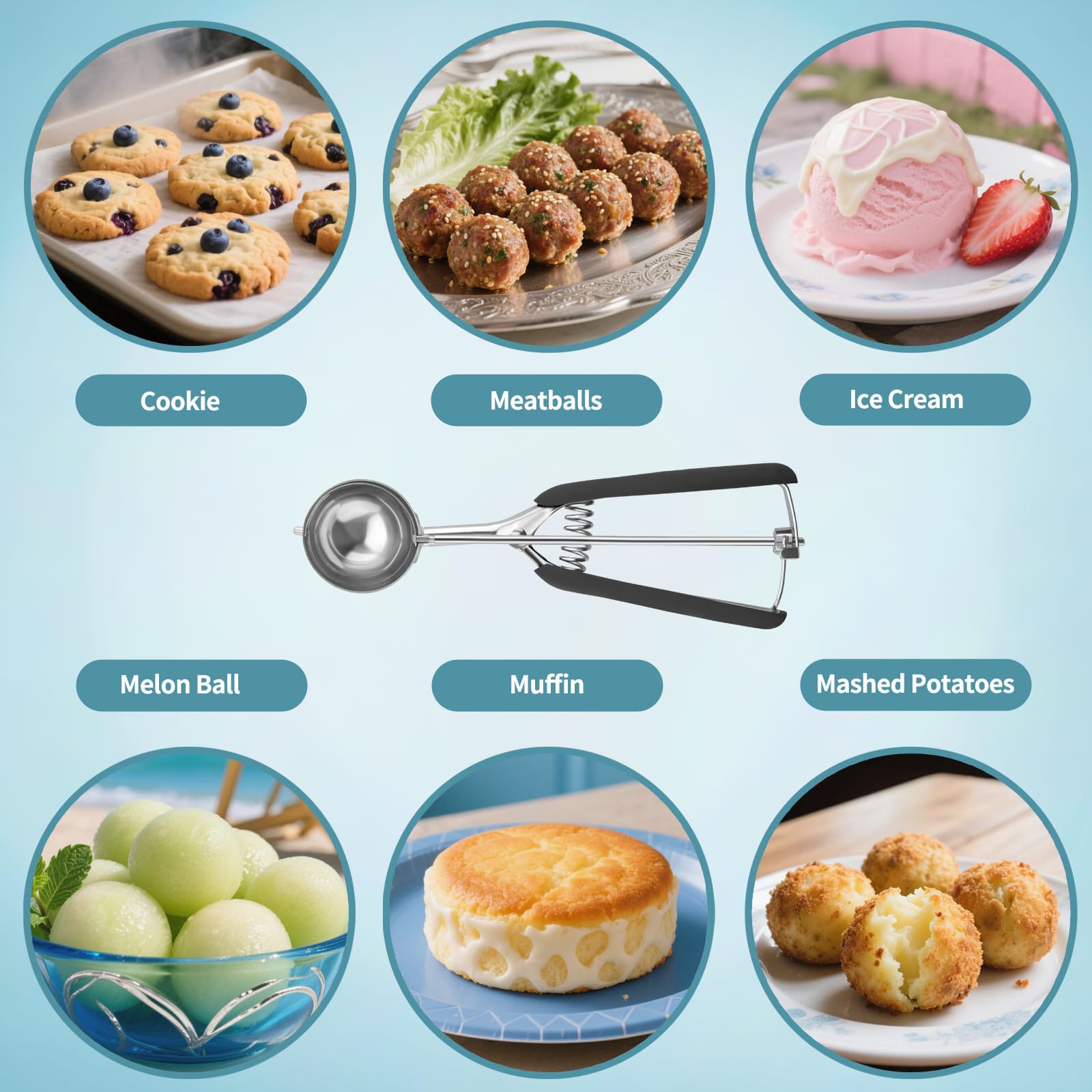 Set 3 Pezzi Porzionatore Gelato e Impasto, Cucchiaio Dosatore Biscotti Acciaio Inox 18/8