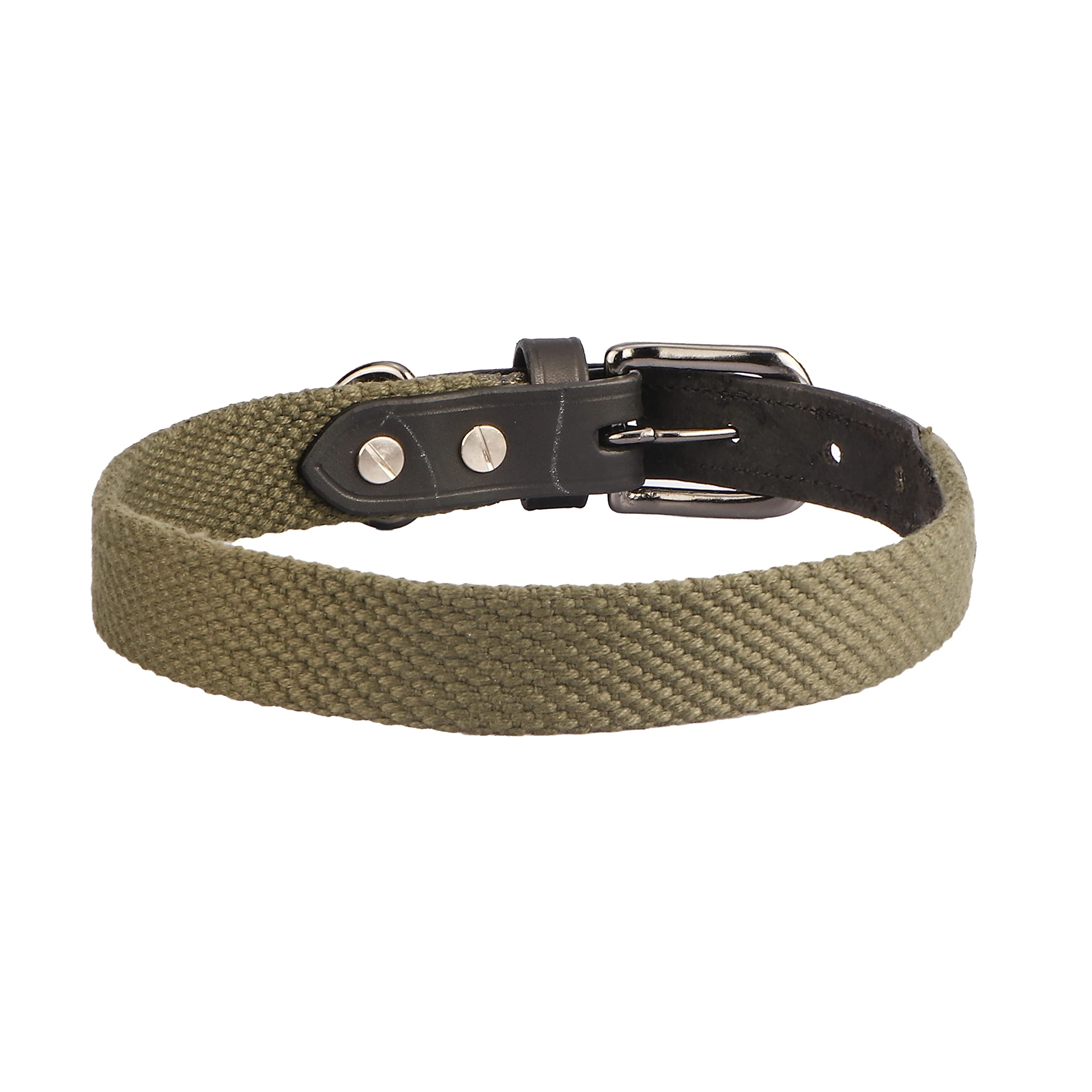 Sparrow Daughter Plain Cotton Dog Collar with Leather Reinforcement Adjustable Soft Breathable Neckbelt Heavy Duty Brass Hardware Strong D-Ring Walking Training Pets- Army Green, XL 1