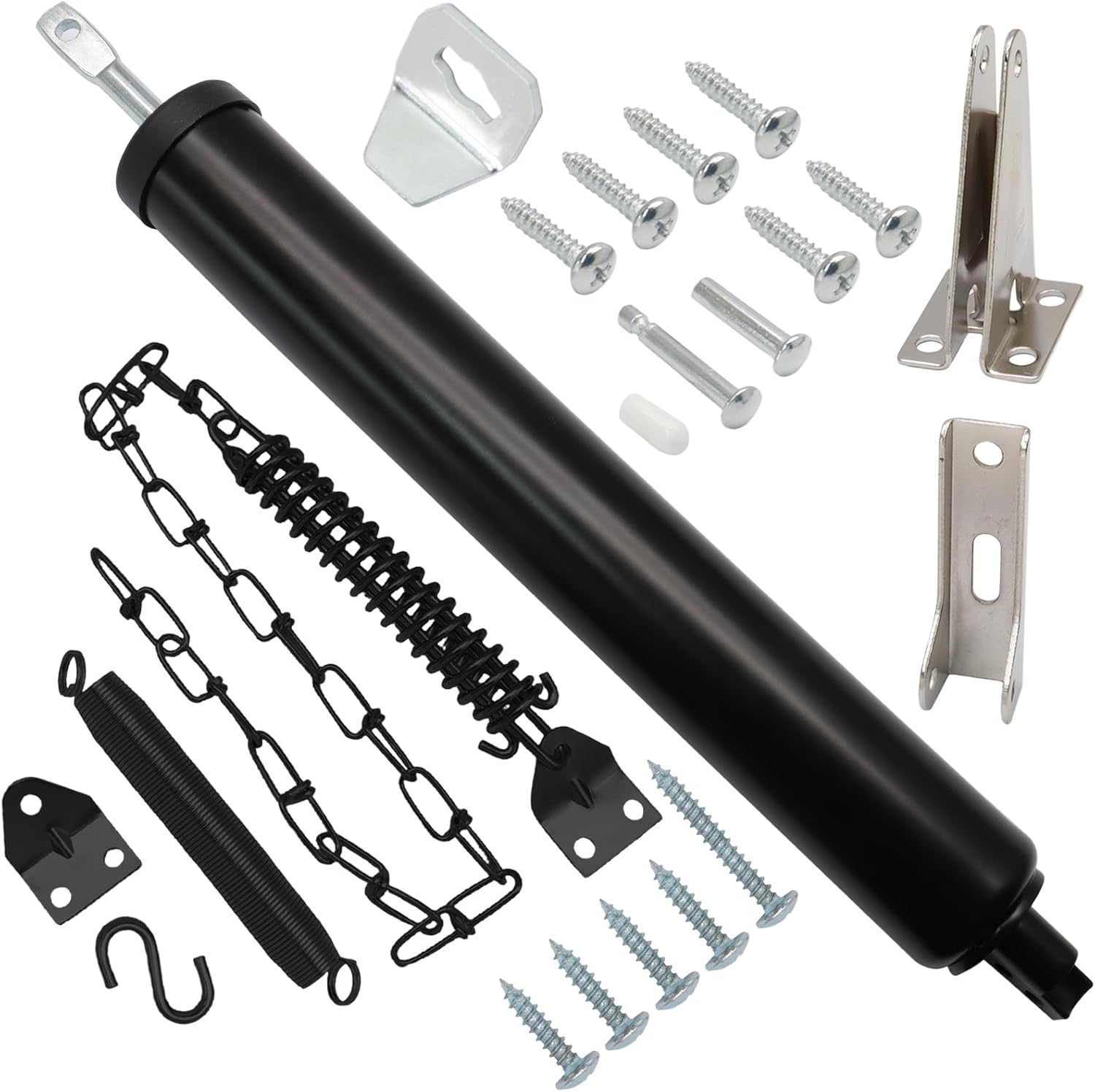 Storm Door Closer Kit with Protector Chains Spring, Complete Screen and Storm Door Hardware Repair Kit with Pneumatic Closer & Latch Set, Adjustable Closing Speed (Black)