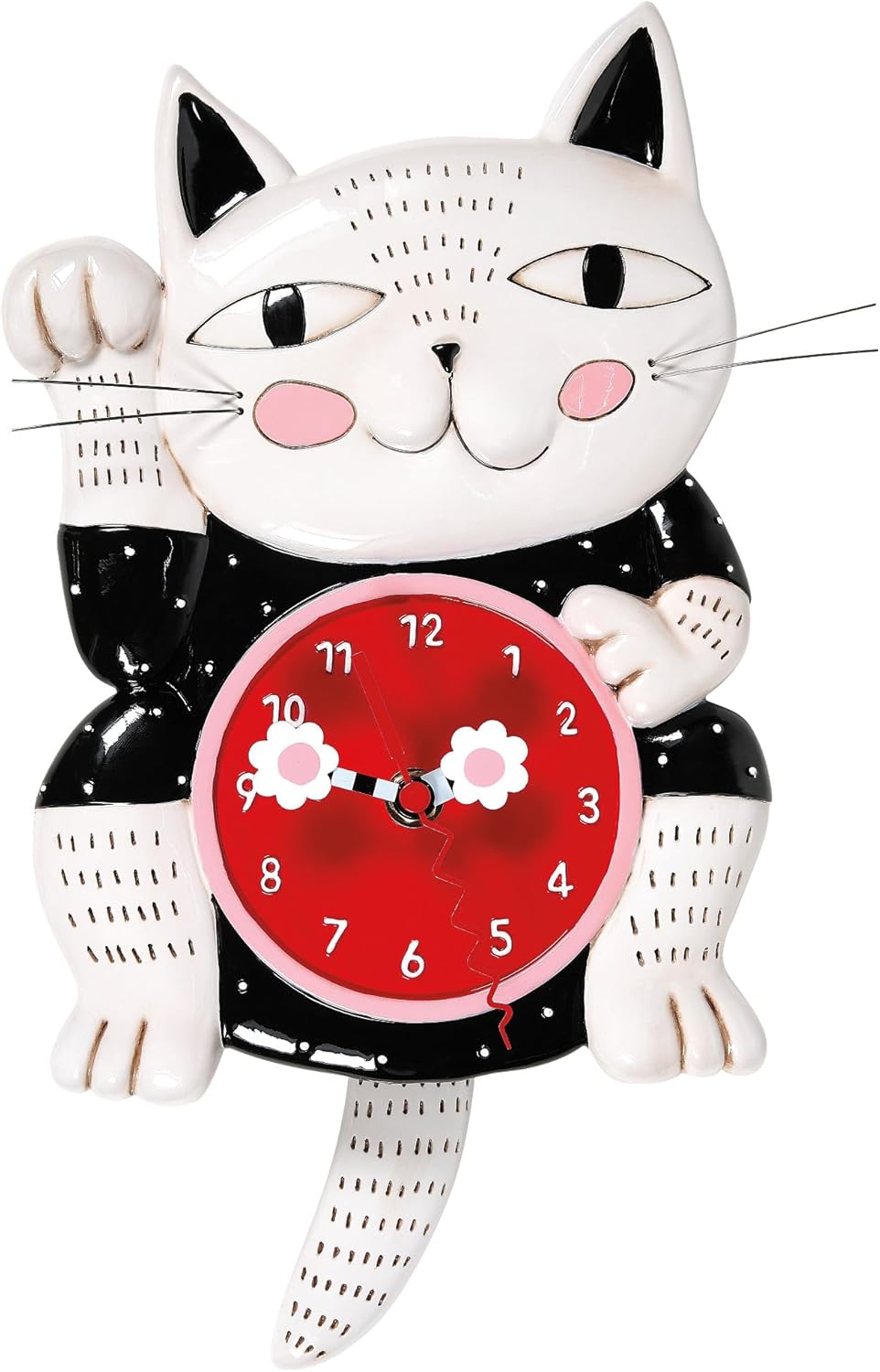 Enesco Allen Designs Lucky Cat Waving Battery-Operated Sculpted Pendulum Wall Clock, 7.87 Inch, Multicolor