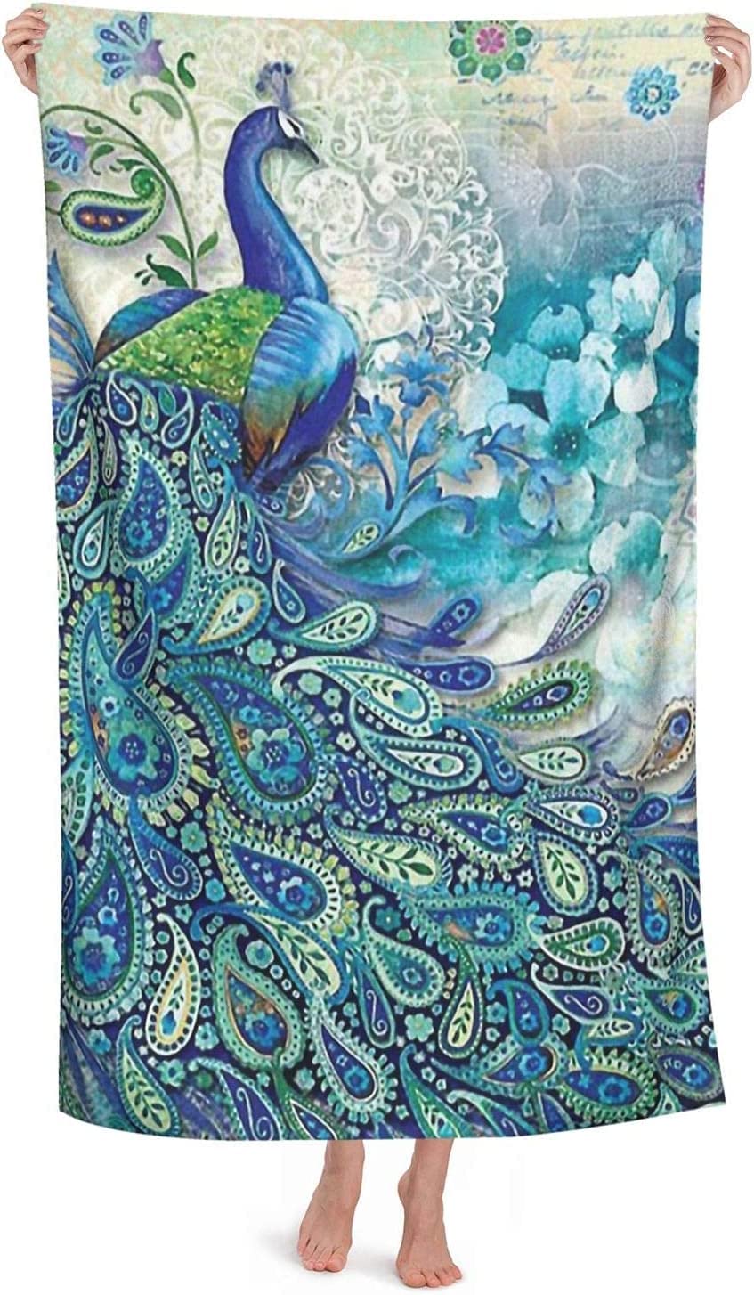 LSRCPD Peacock Beach Towel Highly Absorbent Microfiber Beach Blanket Soft Bath Towels 80X130 CM
