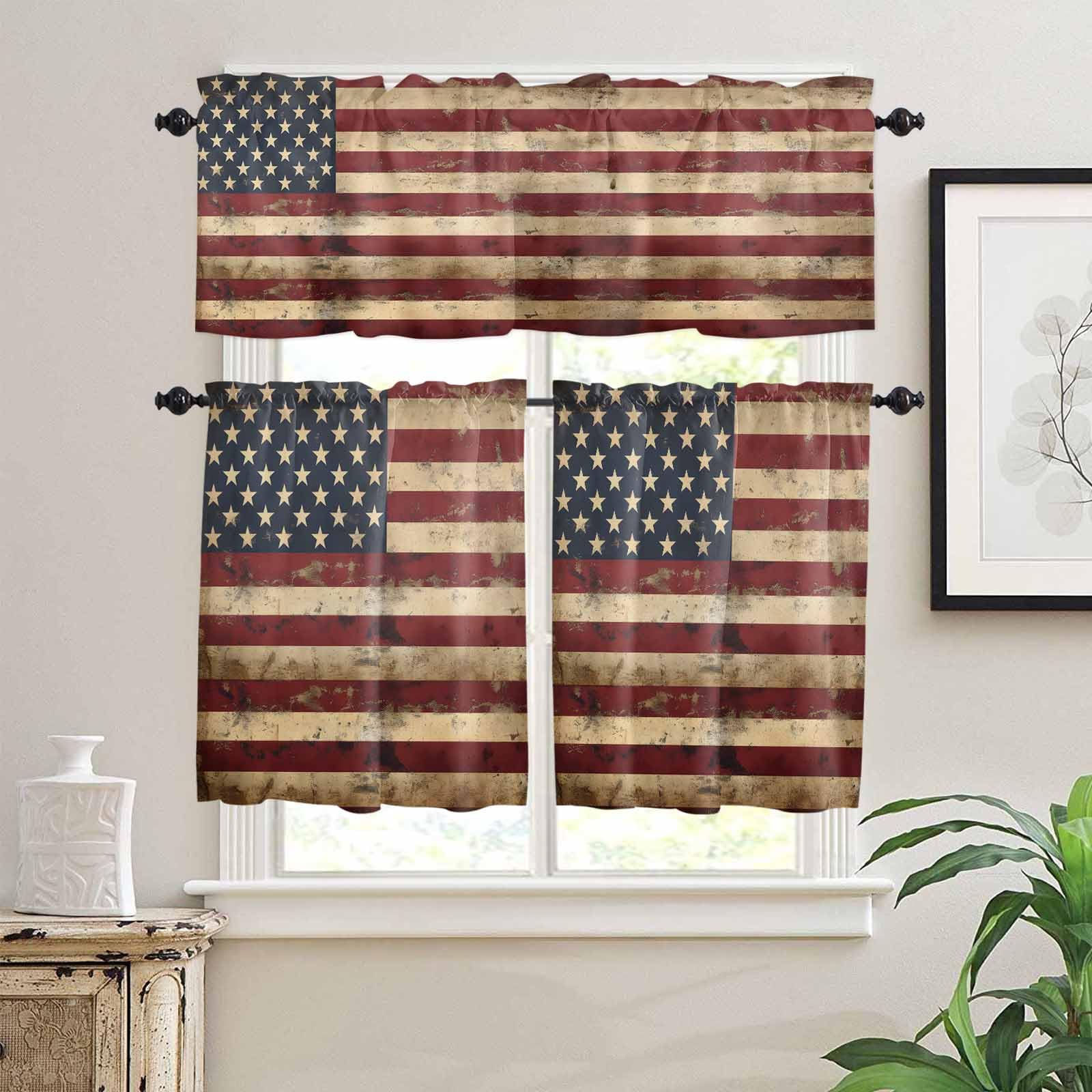 Retro American Flag Kitchen Curtains 24 Inch Length, 3 Piece Rod Pocket Small Half Tiers and Valance Set, Vintage Shabby US Flag Small Large Window Treatment Decor for Bedroom/Bathroom Sink