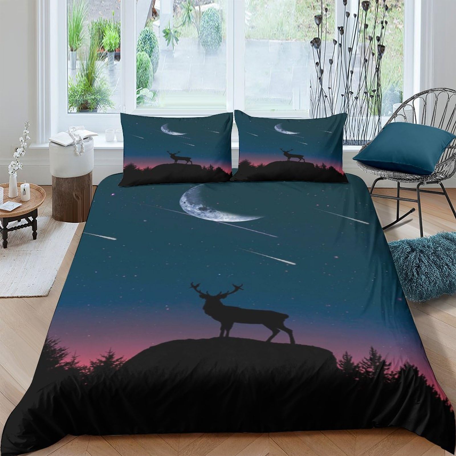 MXRMXR Deer Duvet Cover Set 3D Bedding Set Comforter Cover Set Bedspread Cover Soft Microfiber 3 Piece Set Quilt Cover with Zipper Closure Double（200x200cm）