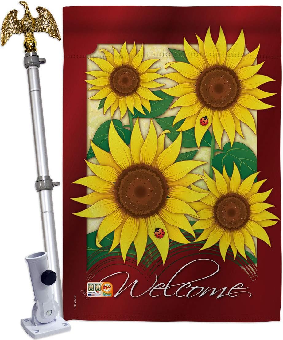 Welcome Sunflowers House Flag Garden Floral Sunflower Tulip Rose Orchid Lilies Season Springtime Flower Wreath Small Decorative Gift Yard Banner Made In USA 28 X 40