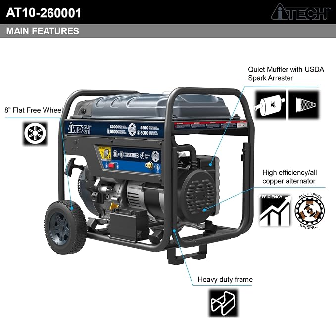Generador portátil de 6000 W de doble combustible (gasolina y propano), con arranque eléctrico, sensor de CO, certificado EPA y CARB, listo para respaldo en emergencias en el hogar (AT10-260001) miniatura 5