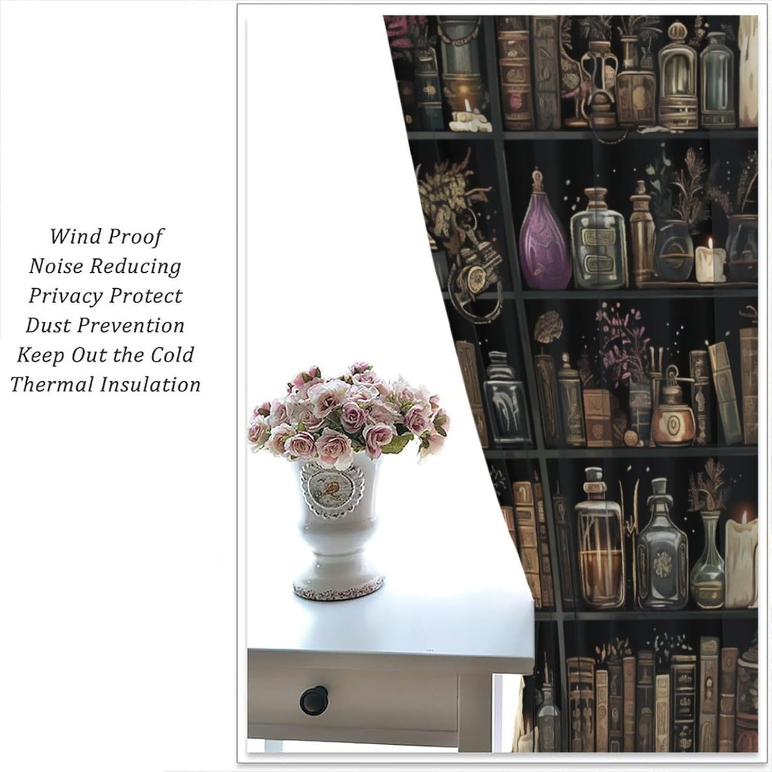 Gothic Library Book Blackout Curtains, Retro Bookshelf Skull Floral Candles Home Decor Rod Pocket Window Drapes for Living Room Bedroom - 45" L x 42" W