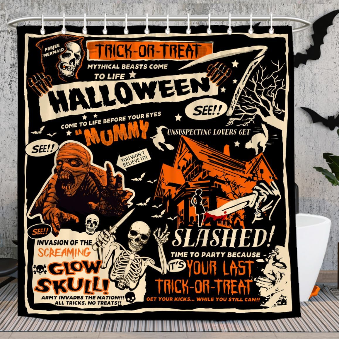 Halloween Treat or Treat Vintage Shower Curtain Spooky Mummy Creepy Skull Skeleton Retro Bathroom Decor with Hooks 72 x 72 Inches H23E
