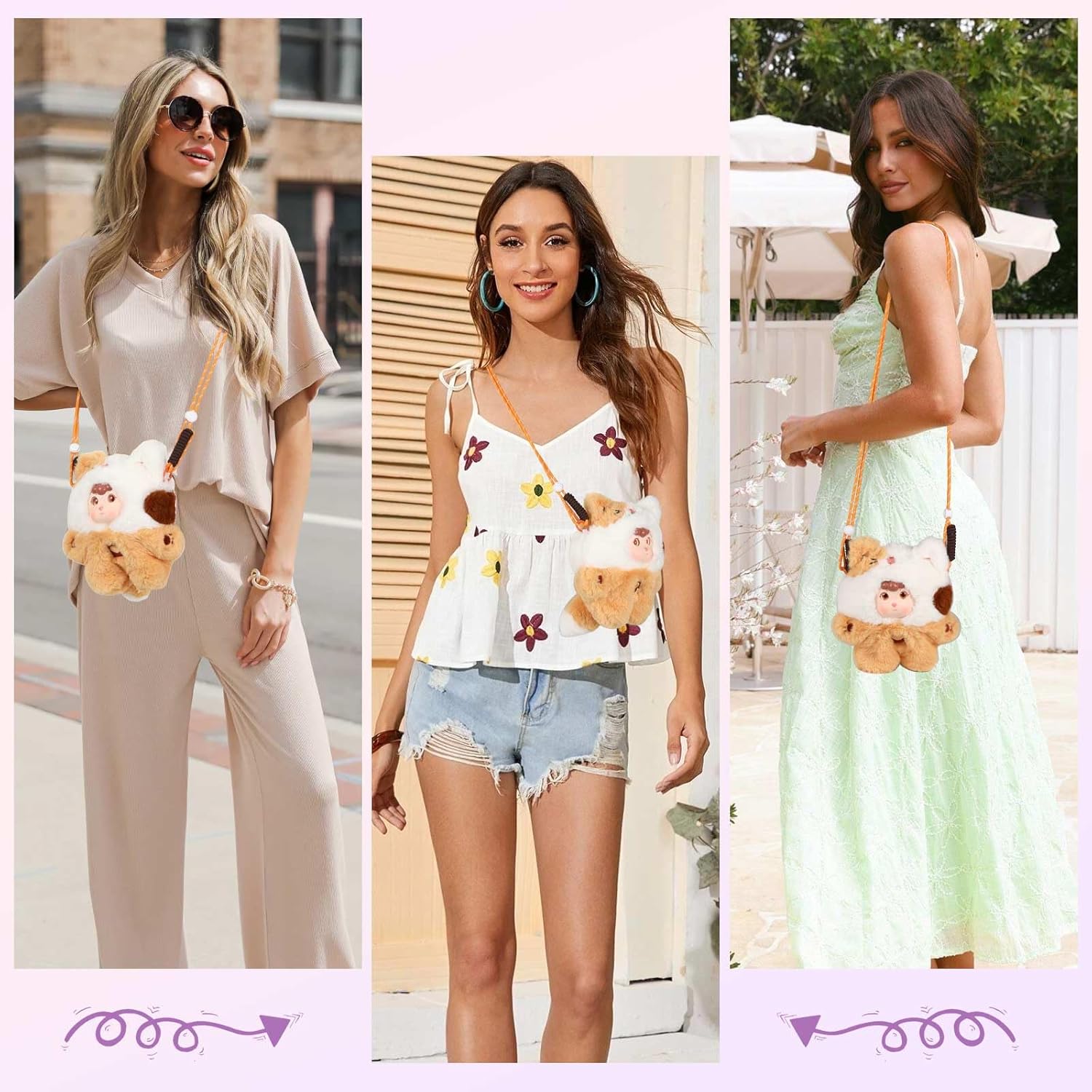 9inch Plush Bag Collection Crossbody Bags, Cute Girl Purses Fun & Unique Handbag Plush Shoulder Bag with Strap, Pockets Light Brown