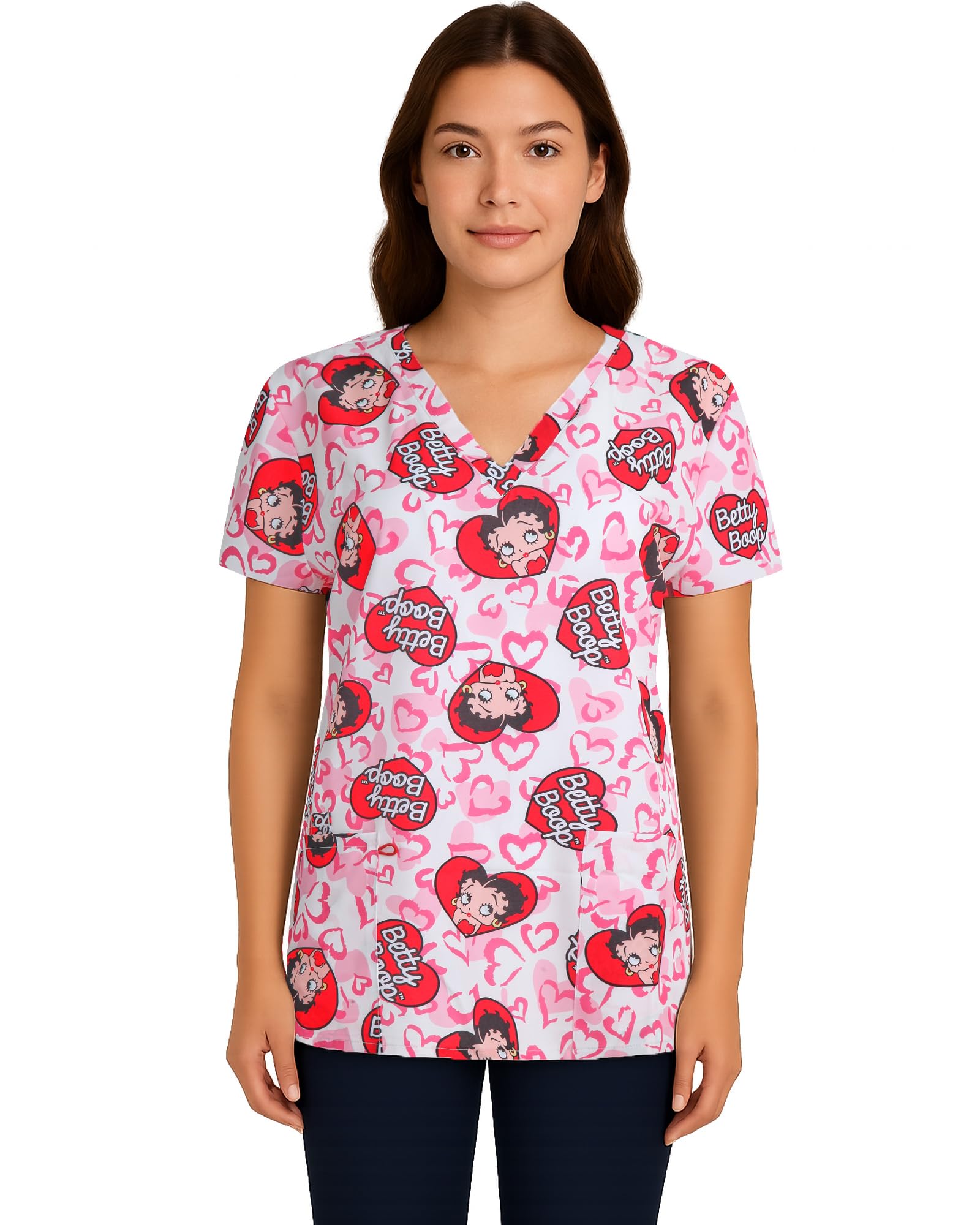 COCO BRANDS Betty Boop Womens All Over Print V-Neck Scrub Top with Pockets - Comfortable Work Uniform