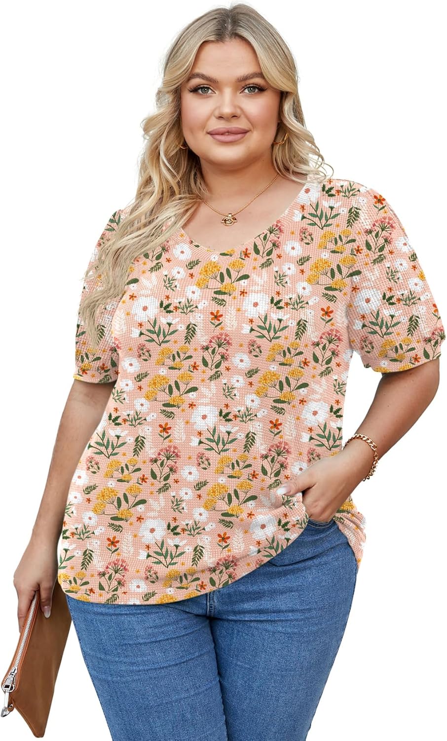 OLRIK Plus Size Tops for Women Summer Blouse Waffle Knit Short Sleeve Shirts - Image 4
