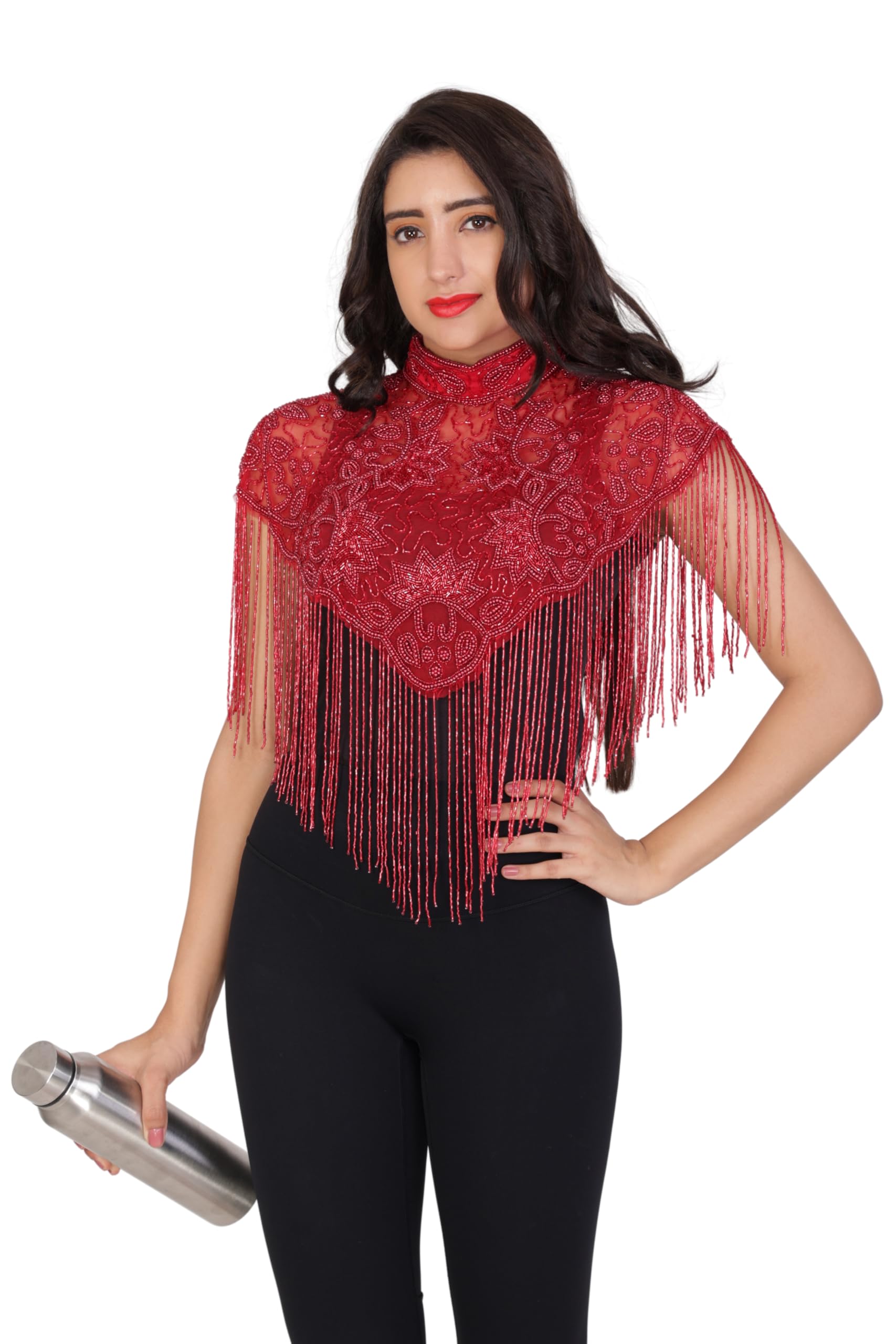Women's Net Coat Capes Poncho Full Hand Beads Shrugs-image-15