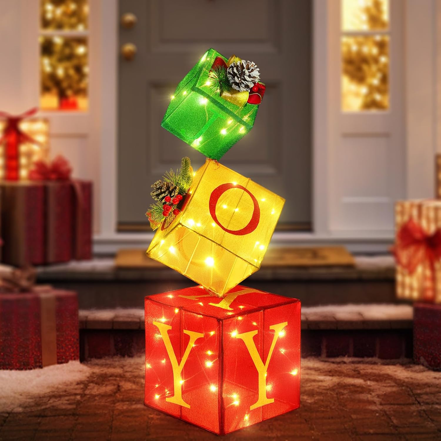 Christmas Joy Lighted Gift Boxes Decorations Set of 3, 2.6Ft Stackable Christmas Nesting Boxes Battery Operated for Home and Party Decoration STACKING BOXES-S
