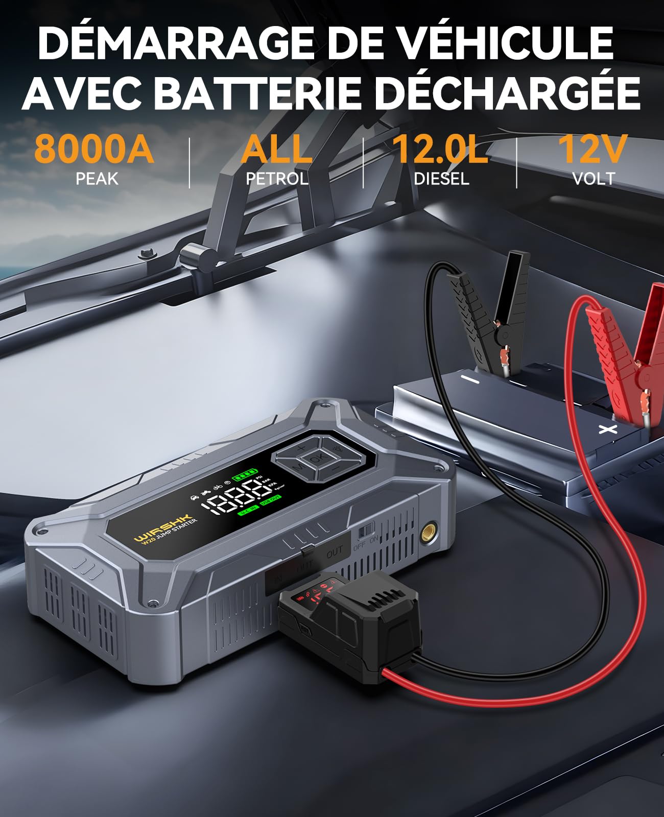 Booster Batterie Voiture 8000A avec Gonfleur Pneus 160PSI - Démarreur de Batterie - Compresseur Voiture - pour Moteurs Essence & Diesel jusqu'à 10L - Affichage LCD & LED de Secours | Pour tous les moteurs à essence et diesel de 10 l, 27 000 mAh, câble de