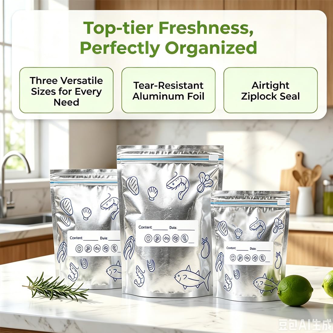Bolsas de Aluminio Reutilizables para Almacenar Alimentos, Bolsas de Almacenamiento con Cierre Zip y Etiqueta, Bolsas Herméticas y Gruesas para Congelador, Verduras, Frutas y Carne (100 PCS,S+M+L)