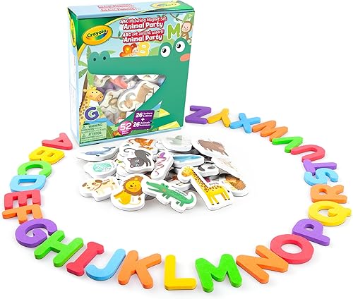 Crayola ABC - Juego de imanes a juego – Animal Party, 52 imanes de espuma de calidad colorida que incluyen 26 imágenes y 26 imanes del alfabeto
