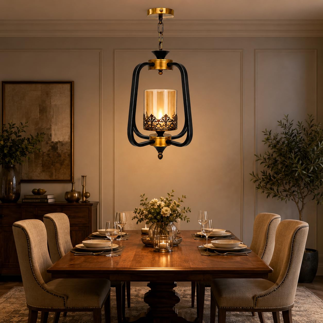 TRIPPING Antique Gold and Black Lantern Hanging Light with Amber Glass Shade and Decorative Jaali Design for Living Room, Dining Area, Restaurant, E27 Holder, 1-Light Pendant Fixture-image-44