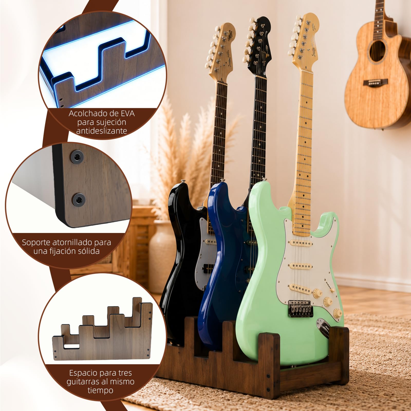 Soporte de guitarra de madera para 3 guitarras eléctricas y bajos | Madera maciza, niveles escalonados, acolchado, antideslizante, ahorra espacio, montaje fácil