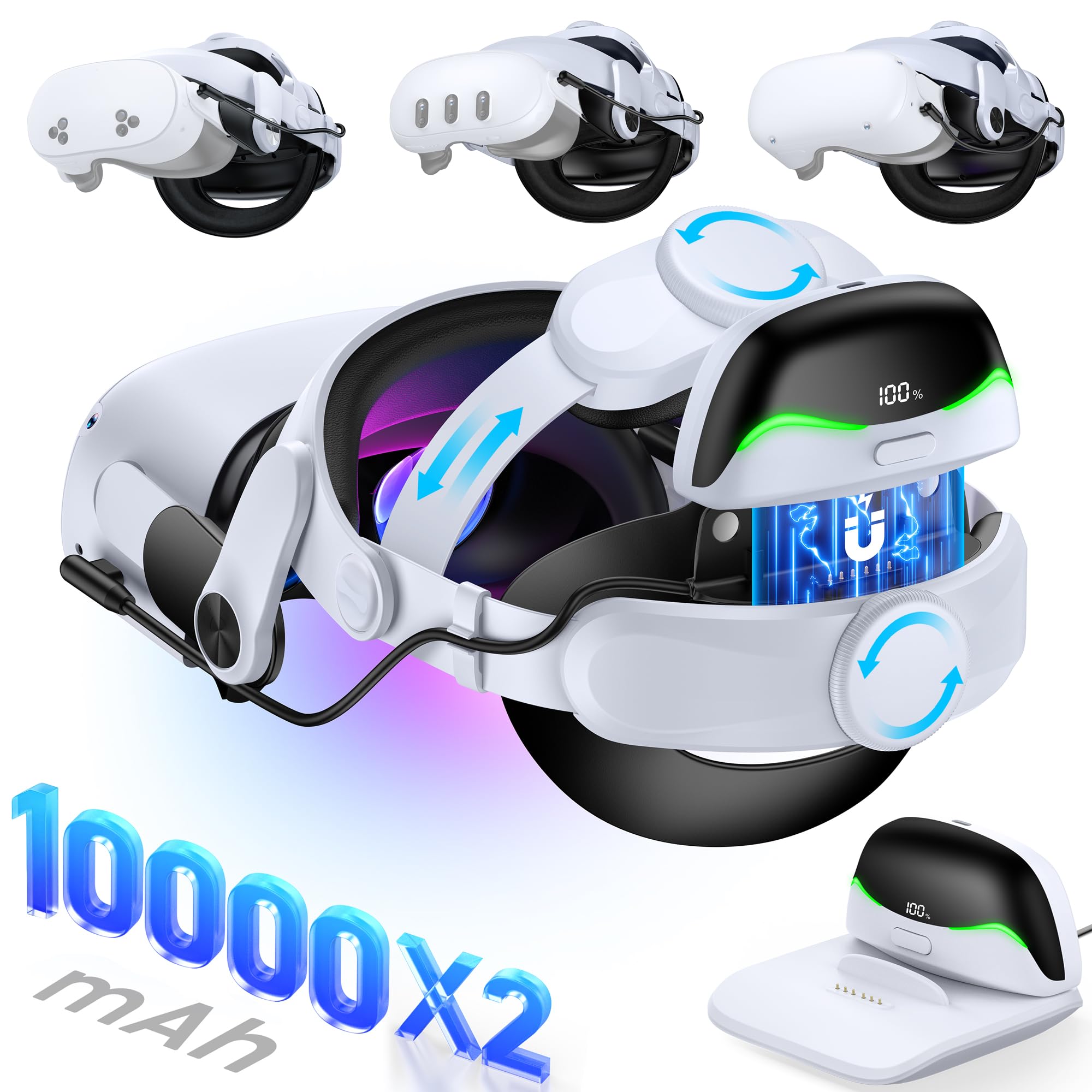 Kawaye VR Headset Strap for Meta Quest 3S/3/2, 10000 mAhX2 Hot-Swap Batteries and Dock Station for Oculus Head Strap Extend 6-10Hrs,Dual Dial Adjustable Head Strap for Weight Balance&amp;Reduce Pressure
