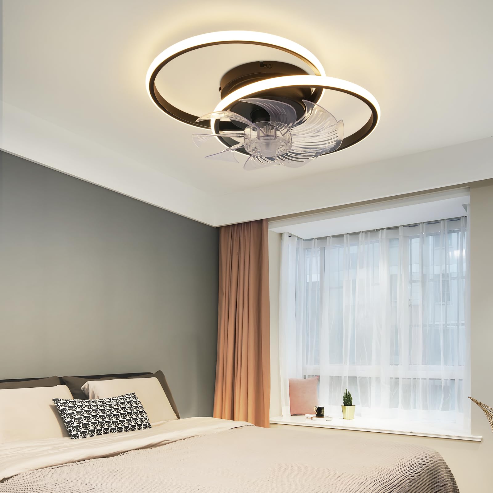 Homefire LED Deckenventilator Mit Beleuchtung 36W Schwarz Leise Deckenlampe Mit Ventilator Fernbedienung 3 Farbtemperatur 6-Gang