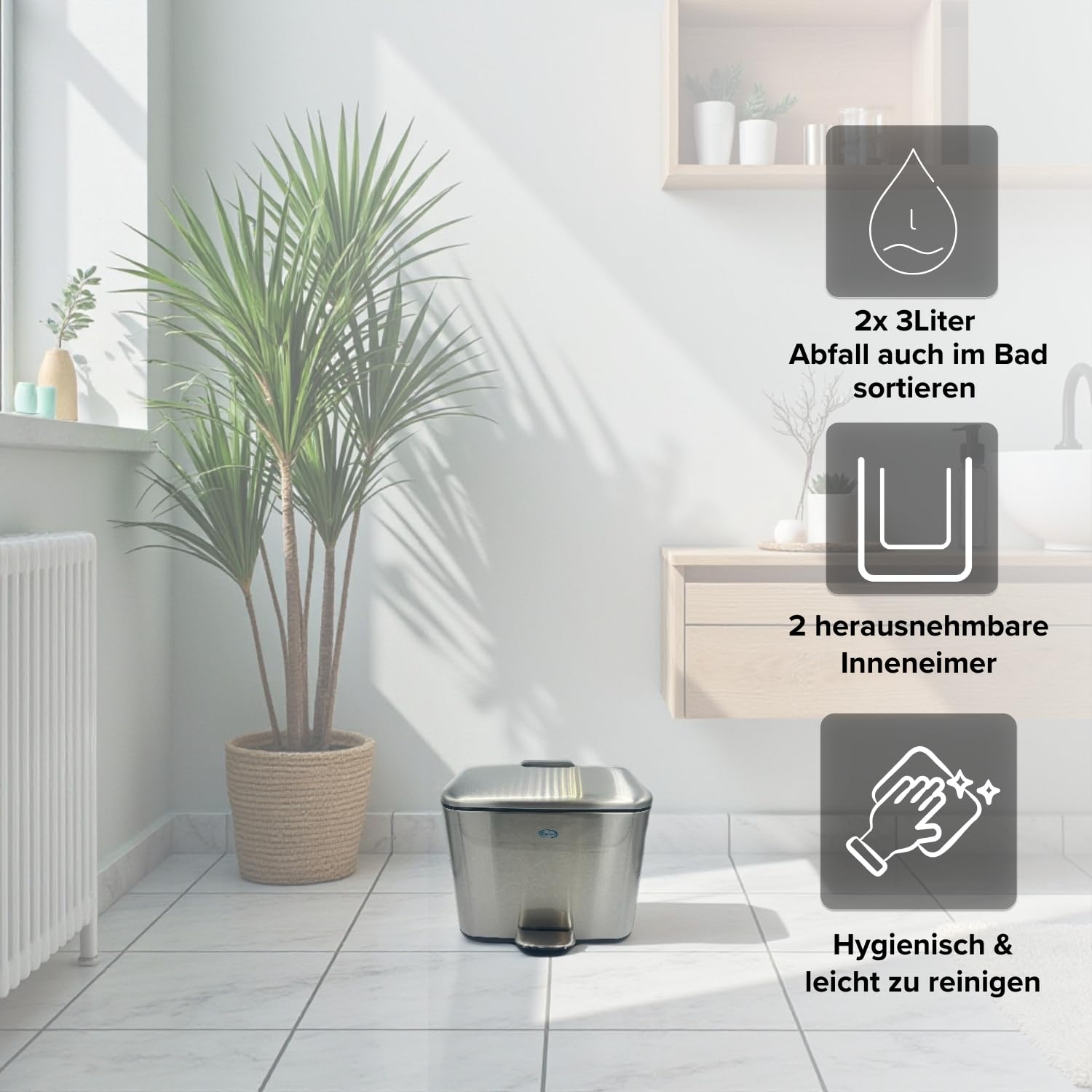 3 Pagen Poubelle de salle de bain, 2 x 3 litres, poubelle cosmétique, avec séparation, à pédale, argentée, inserts amovibles, double poubelle de salle de bain, pour trier le papier et les déchets