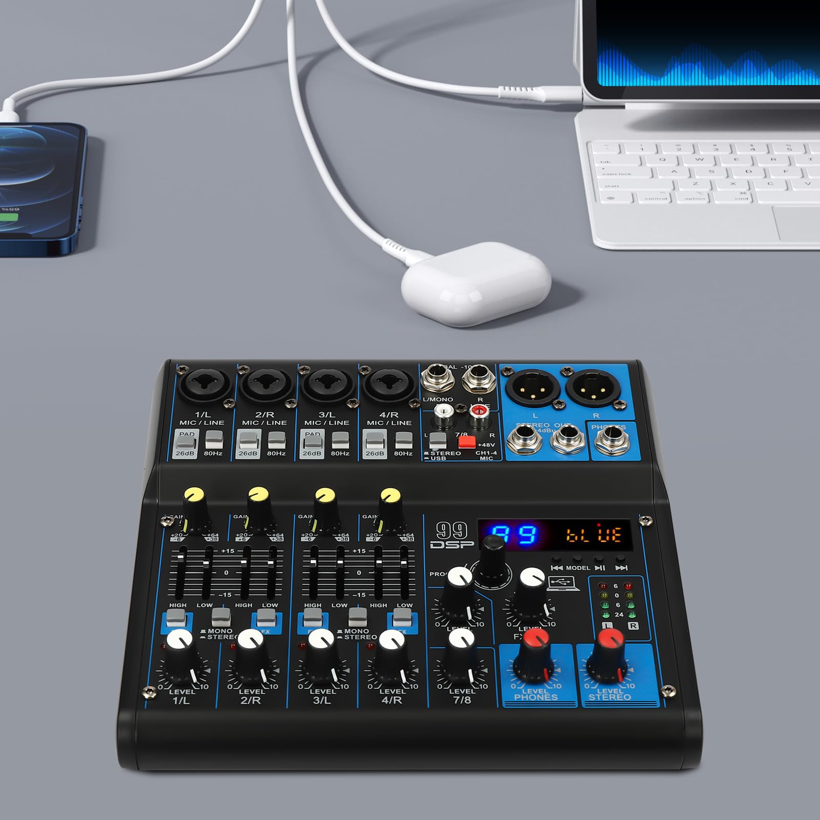 Mezclador de audio profesional, 7 canales estéreo, mesa de mezclas con ecualizador de triple frecuencia, mezclador de audio con entrada de 48 V, alimentación fantasma para grabación, DJ, escenario