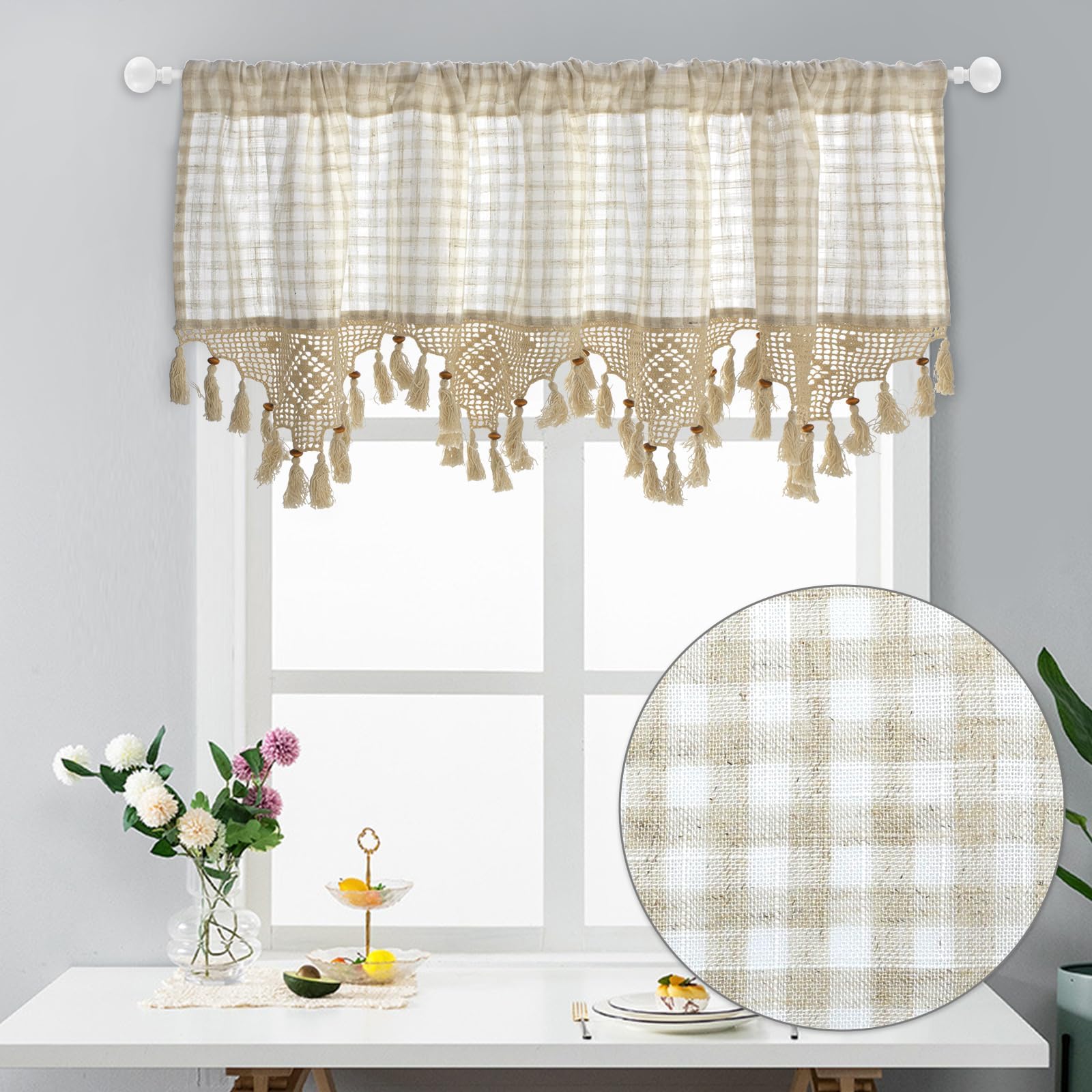 Lattice Half Window Valance - Rustic Retro Curtain with Crochet Tassels, Cotton Linen, Handmade, for Kitchen Windows, Bathroom, Living Room, Bedroom, (Beige, H 17 ร W 70 Inches), ZHH