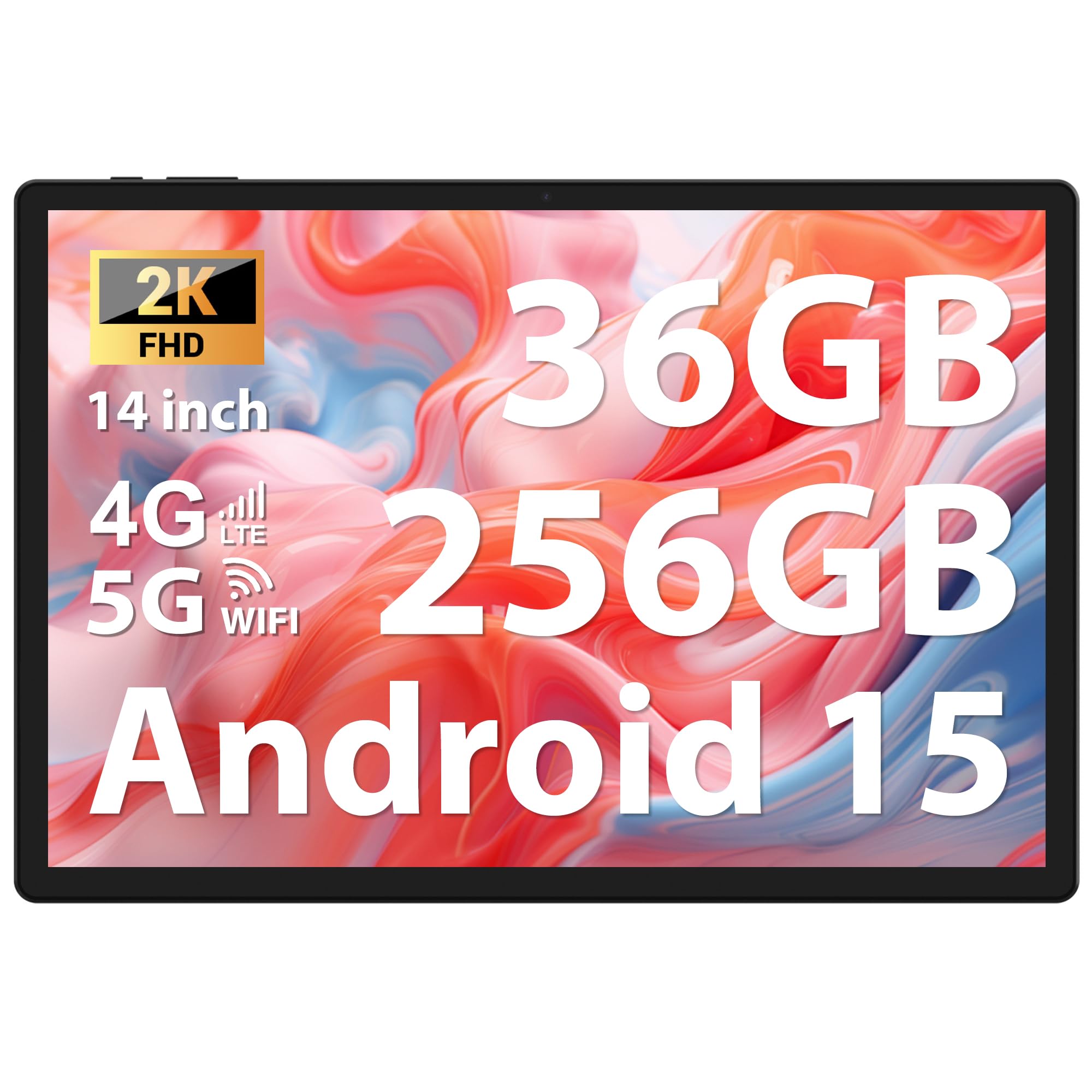 FASTWD Tablet 14 Pollici 2K Android 15 Tablet Octa-Core 2.0Ghz,36GB RAM+256GB ROM/2TB,20W/11580mAh,Foto AI 13MP+8MP,2000 * 1200 incell FHD+,Face Unlock/GPS/BT 5.0/TÜV/USB-C,Nero