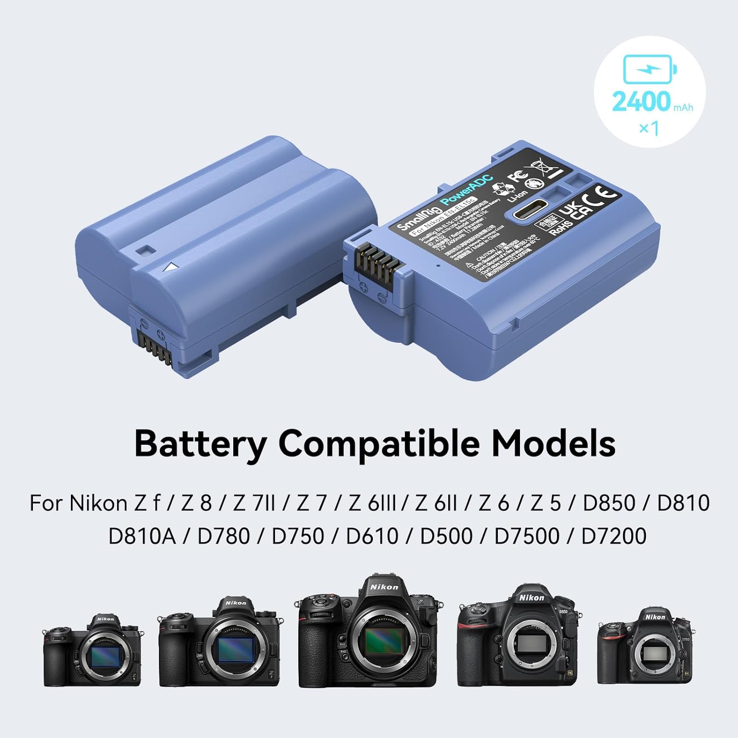 SMALLRIG 2400mAh Replacement USB-C Camera Battery for Nikon EN-EL15C, for Nikon ZR, Z6 III, Zf, Z8, Z7, Z7 II, Z6 II, Z5, D850, D810, D810A, D780, D750, D610, D500, 2.5H Fast Charging - Image 4