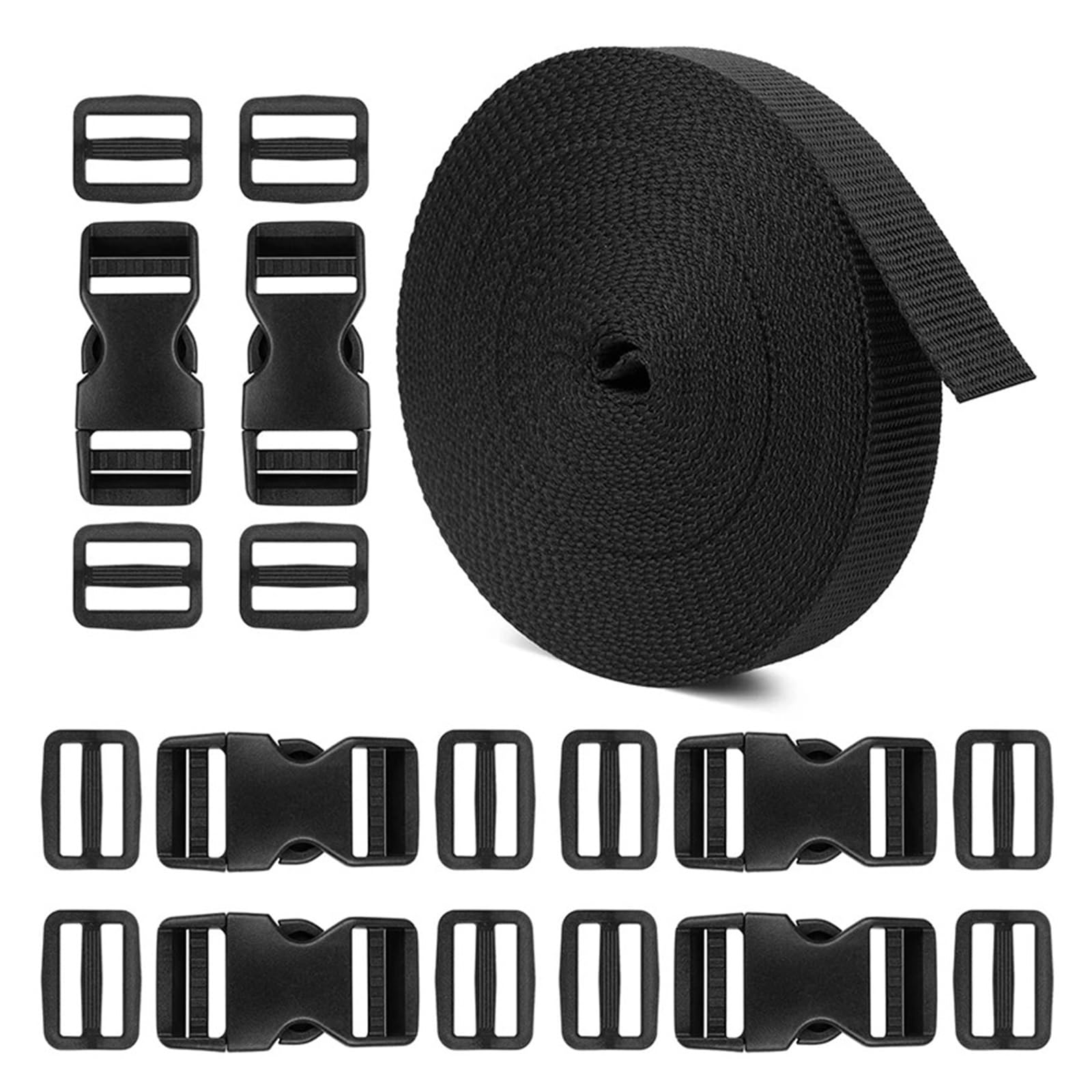 ZMCGNO 10M Nylon Webbing Backpack Pet Buckle Strap With 6pcs Adjustable Side Release Plastic Buckles and 12PCS Tri-Glide Slide Clip