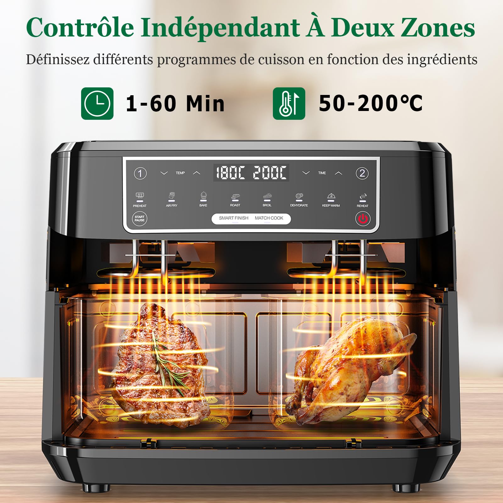 Air Fryer Double Compartiment 9L | Friteuse Sans Huile a 2x4,5L Tiroir, 2600W Friteuse à Air Chaud 8 en 1 Écran Tactile Smart Finish Fonction, Airfryer Deux Zones Contrôle Individuel Température Temps