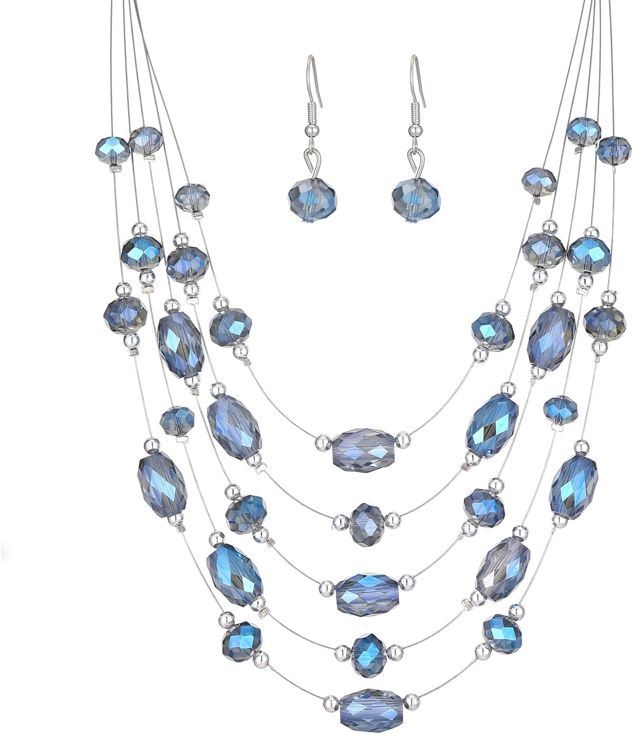 Crystal Beaded Statement Necklace for Women Boho Colorful Multi-Strand Necklace and Earring Sets for Women Fashion Jewelry Gifts for Mom