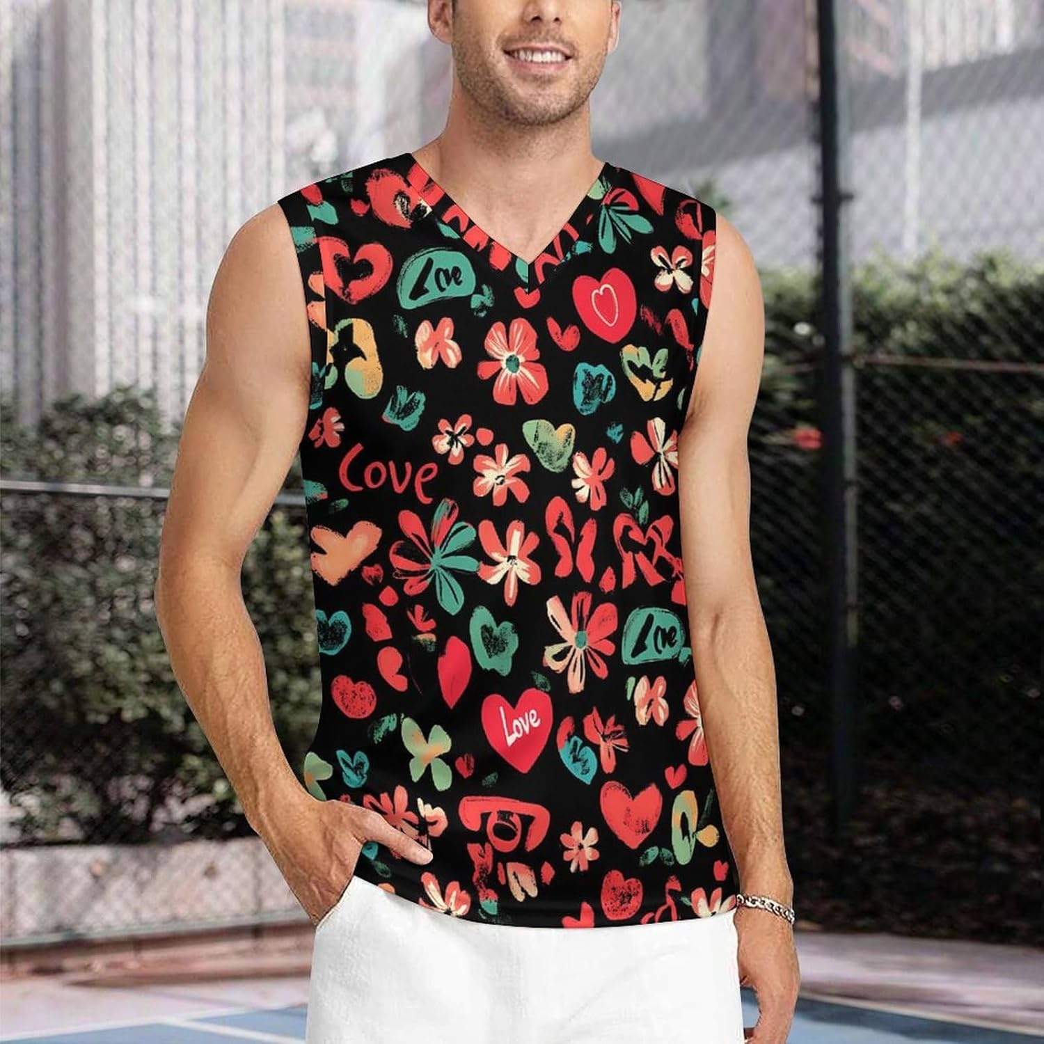 Red Hearts Floral Flowers Men's V-Neck Basketball Tank Top Sleeveless Workout Tank Shirts Gym Fitness Tees Vest
