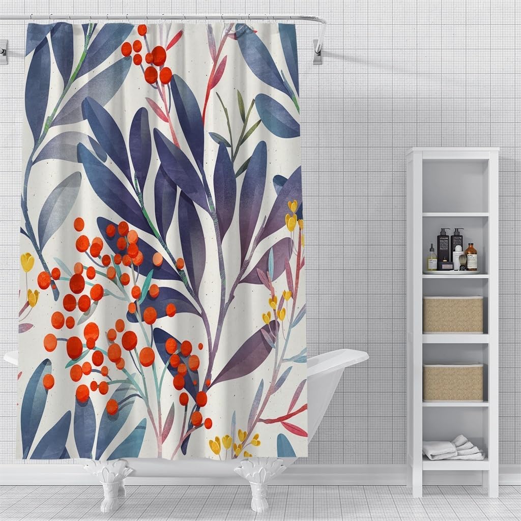 Duschvorhang 240x200 mit Pflanzenmotiven In Rot, Dunkelblau und Lila, Botanisch Weißer Badezimmervorhang, Wasserdichter Polyesterstoff für Badewannen/Badezimmer mit Haken, B240 x H200 cm (1er Pack)