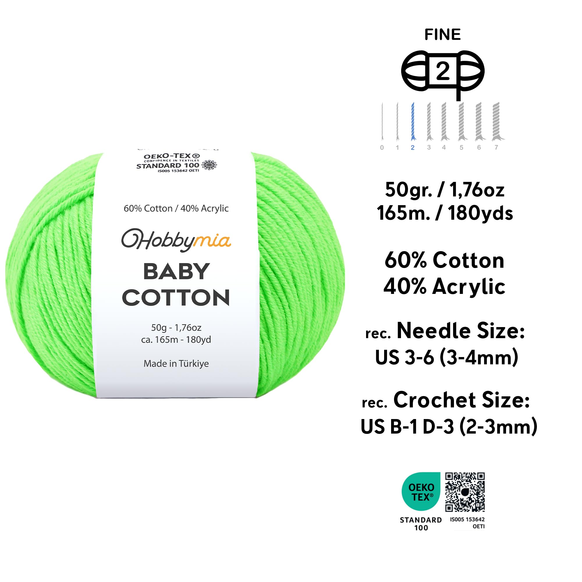 Baby Cotton Blend Yarn – Soft Sport Weight Yarn for Crochet & Amigurumi - 50g/180yds - 60% Cotton 40% Acrylic - Ideal for Baby & Knitting Proj.(Neon Green, 1 Ball) — view 2