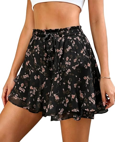 Women's Short Skirt Floral Butterfly Boho Cute Flowy Ruffle Chiffon Skorts