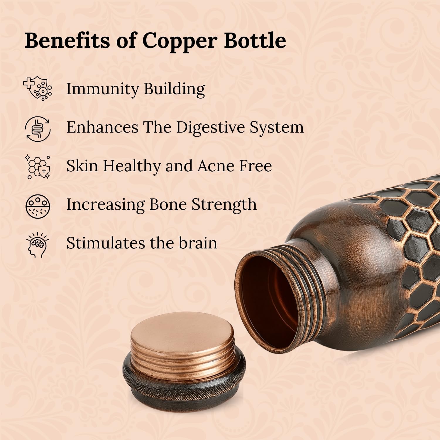 Copper Water Bottle (1 Litre), Leakproof, Pure Copper Water Bottle, Tamba Bottles, Authentic, Durable Bottle for Everyday Use (Honeycomb)